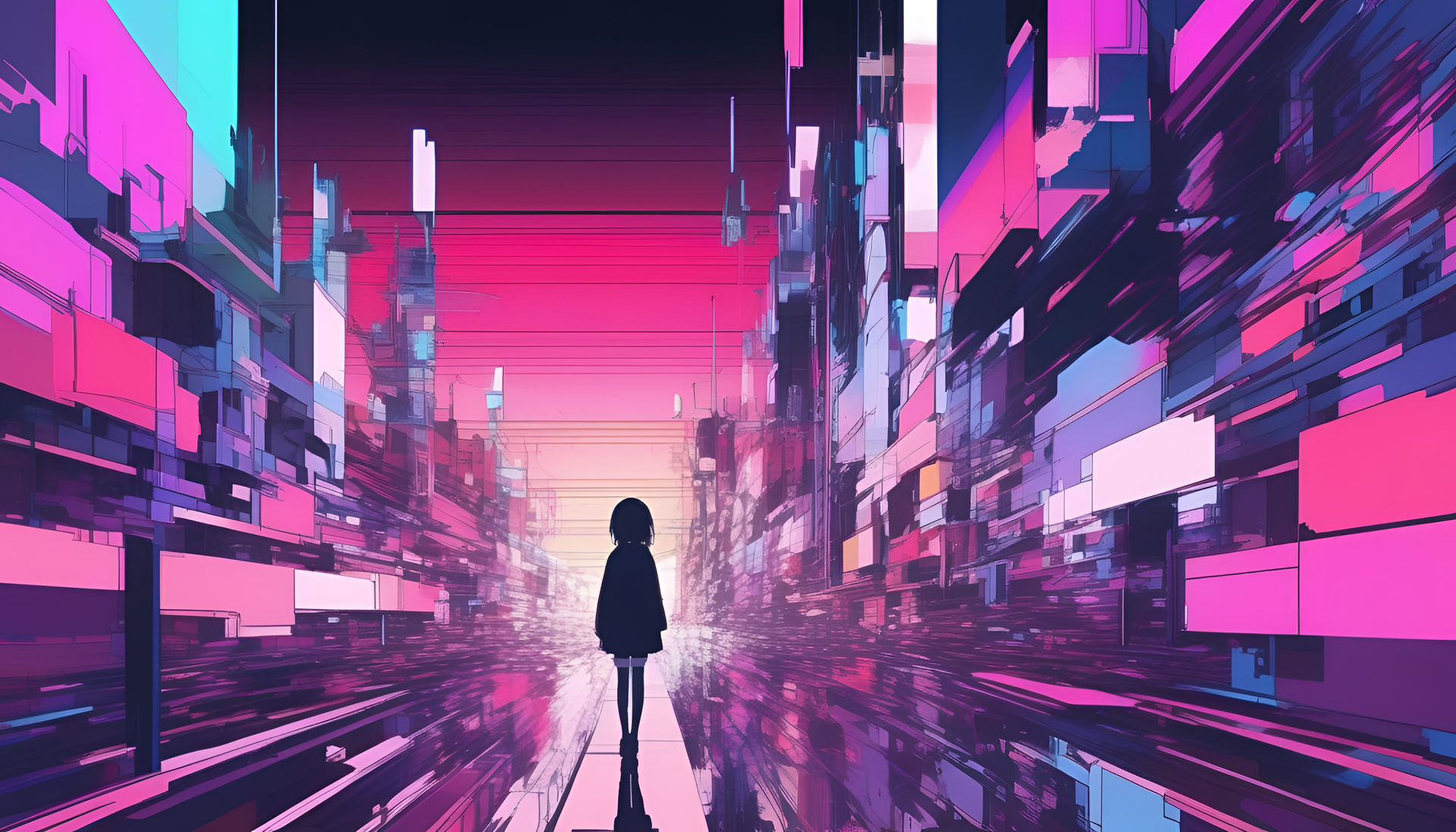 Colorful glitch art anime background.