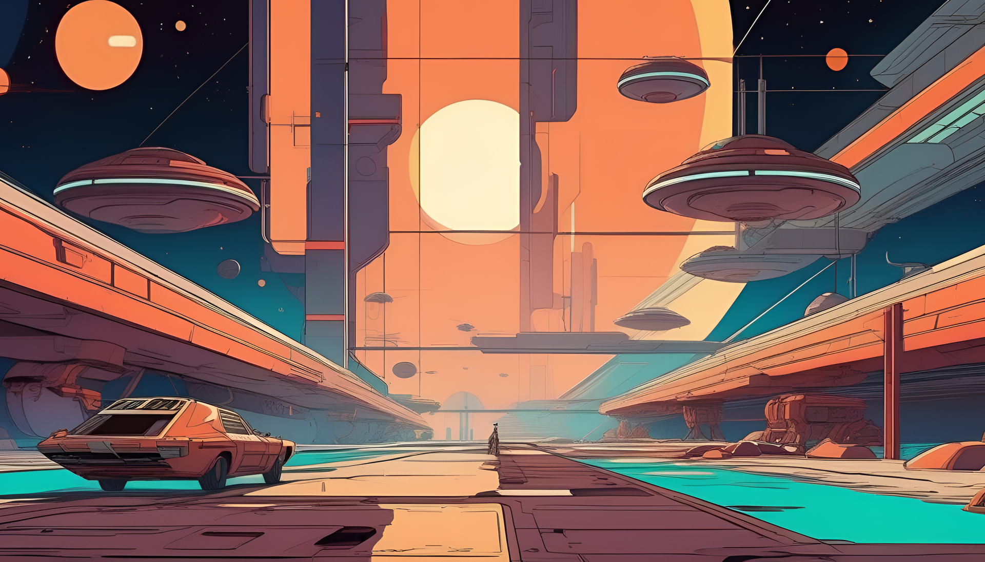 Vibrant retro anime-inspired sci-fi wallpaper