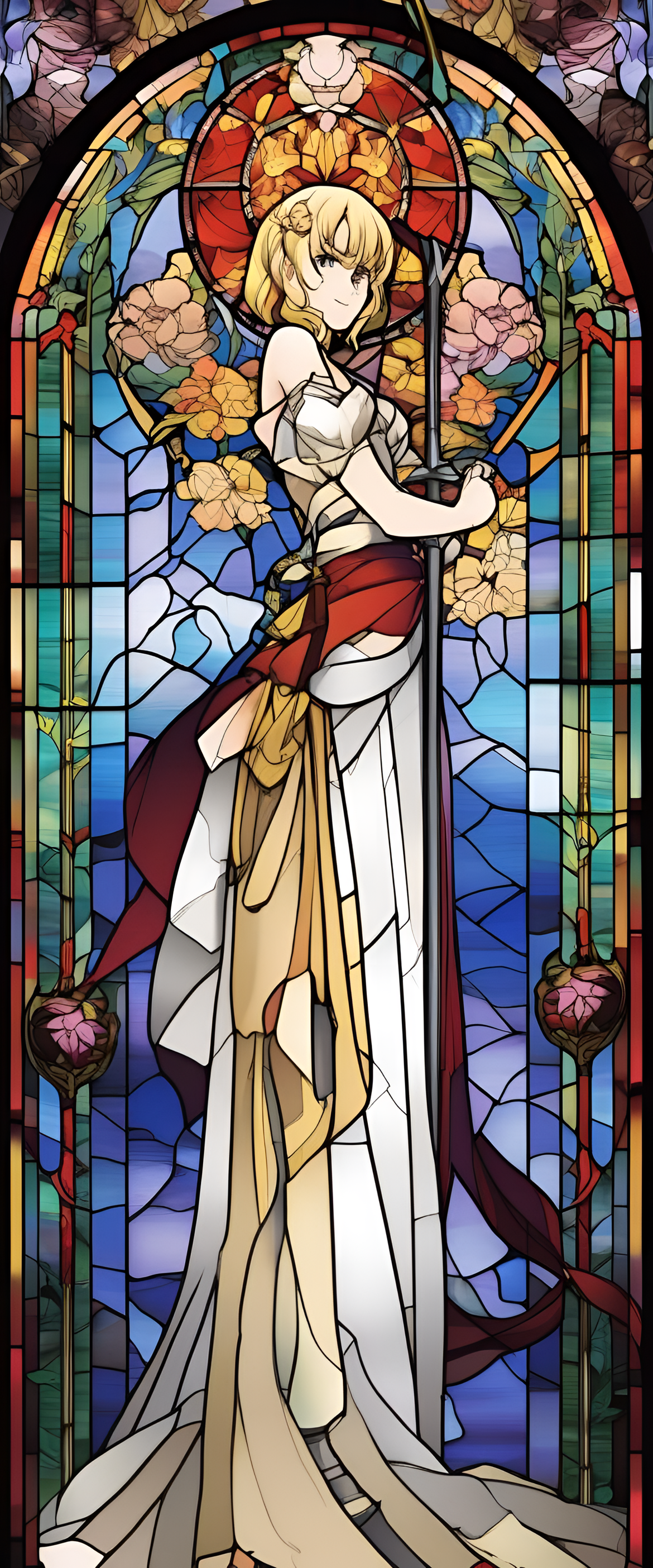 Colorful anime-inspired stained glass design.