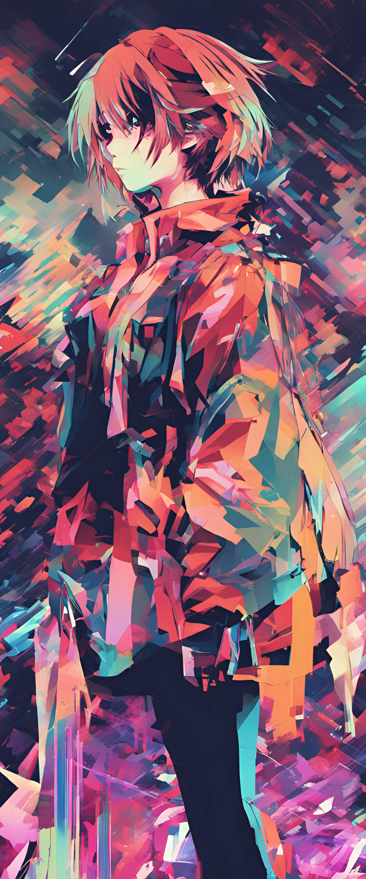 Abstract glitch art-inspired anime illustration.