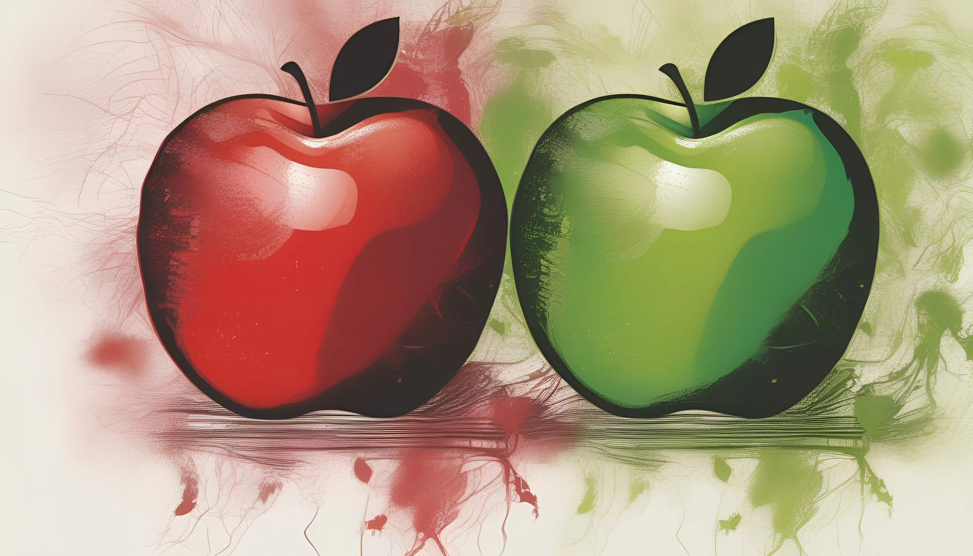 Red and green apple on a vibrant background.