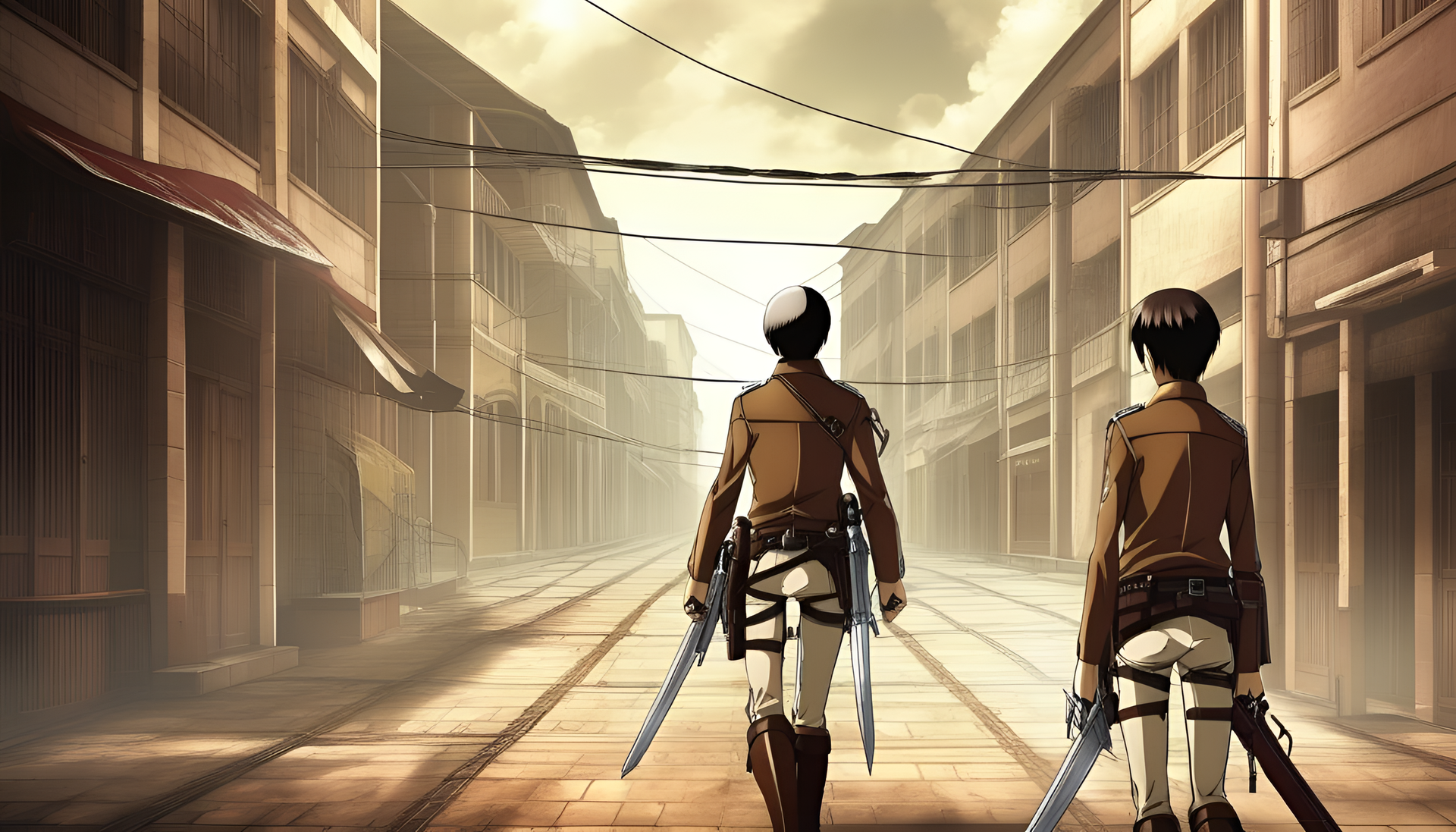 Attack on Titan dark wallpaper with iconic characters in battle pose.