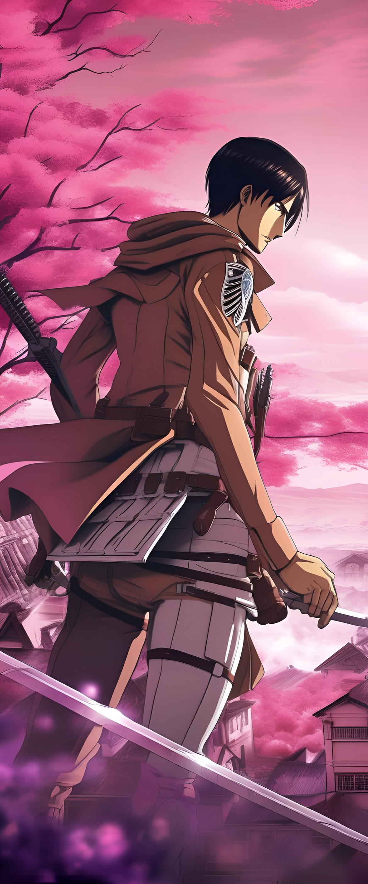 Vibrant pink and purple Attack on Titan wallpaper with a matte finish