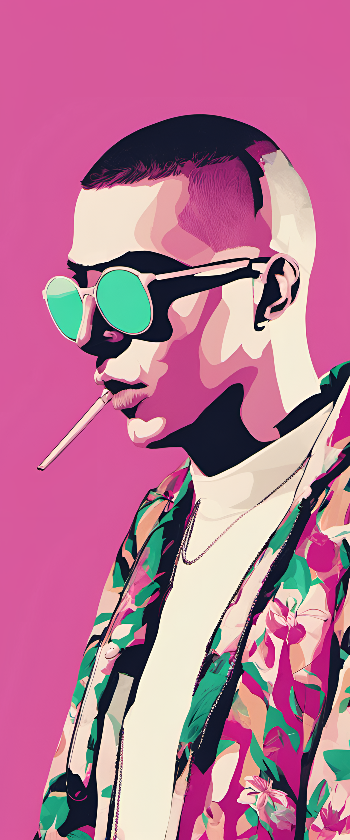 Sleek minimalistic wallpaper featuring Bad Bunny in bold colors against a solid background.