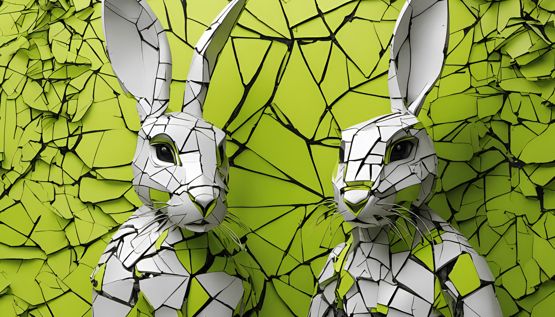 Bad Bunny wallpaper with a deconstructive, cracked robotic sculpture in acid green.