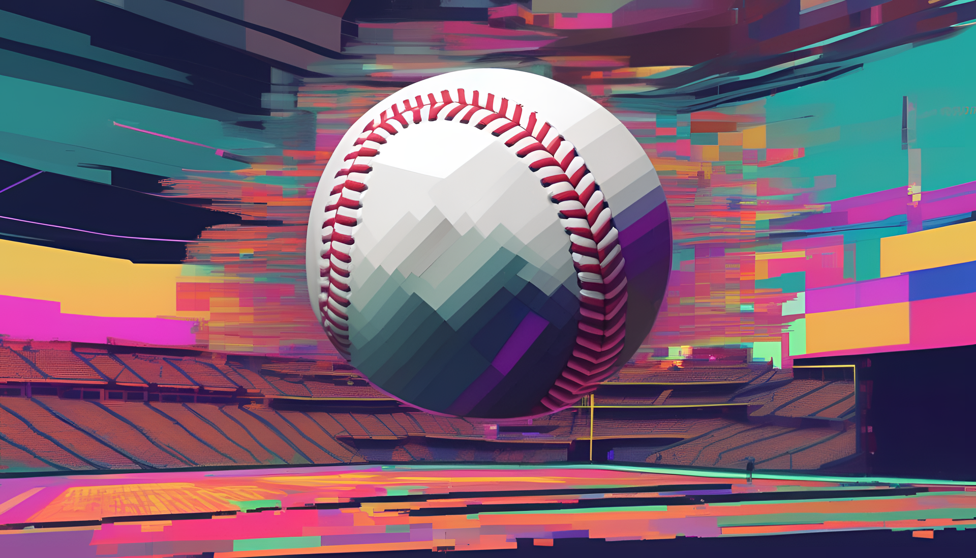 Abstract glitch art baseball design with vibrant colors and distorted shapes.