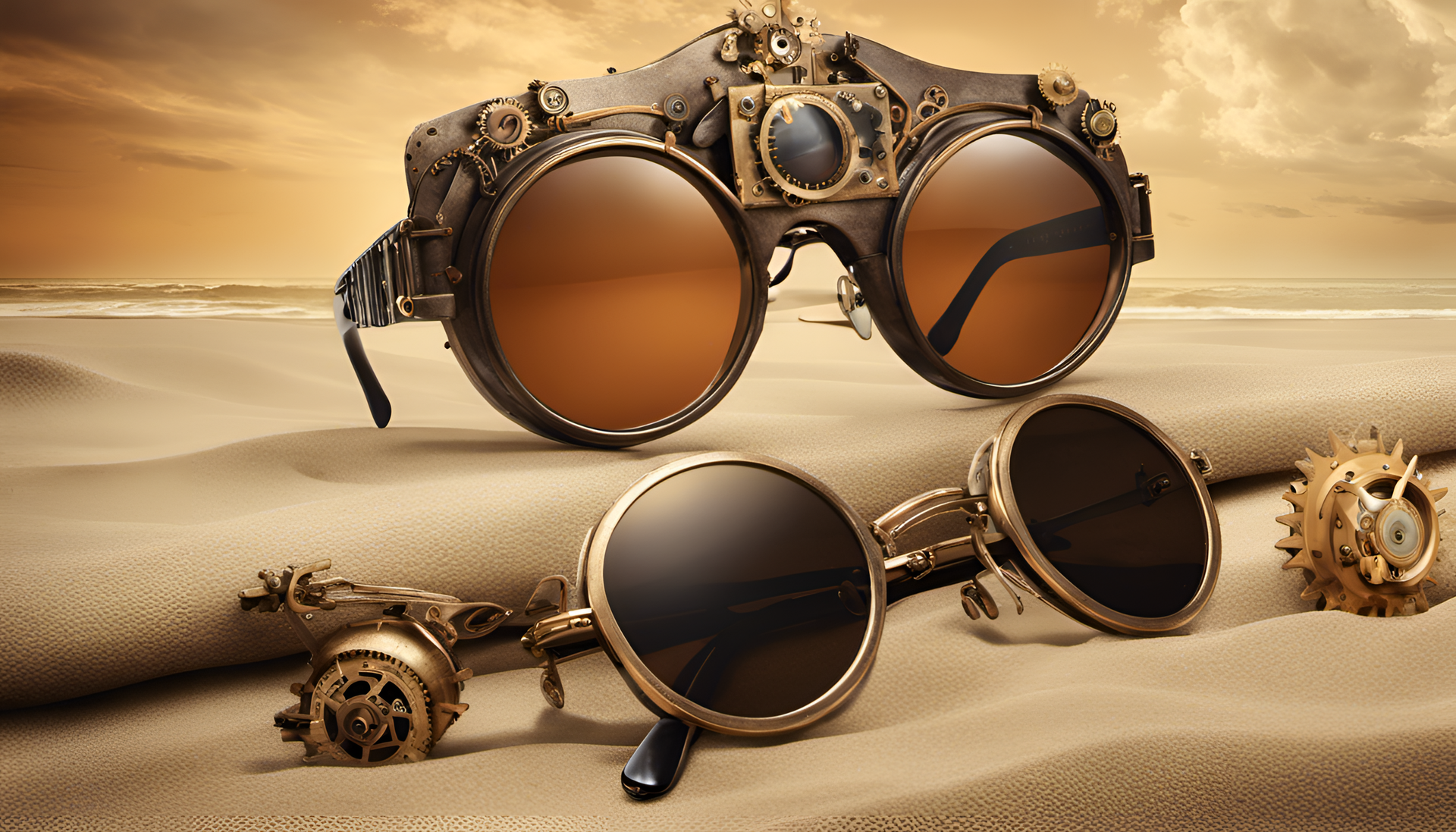 Steampunk sunglasses on a beach