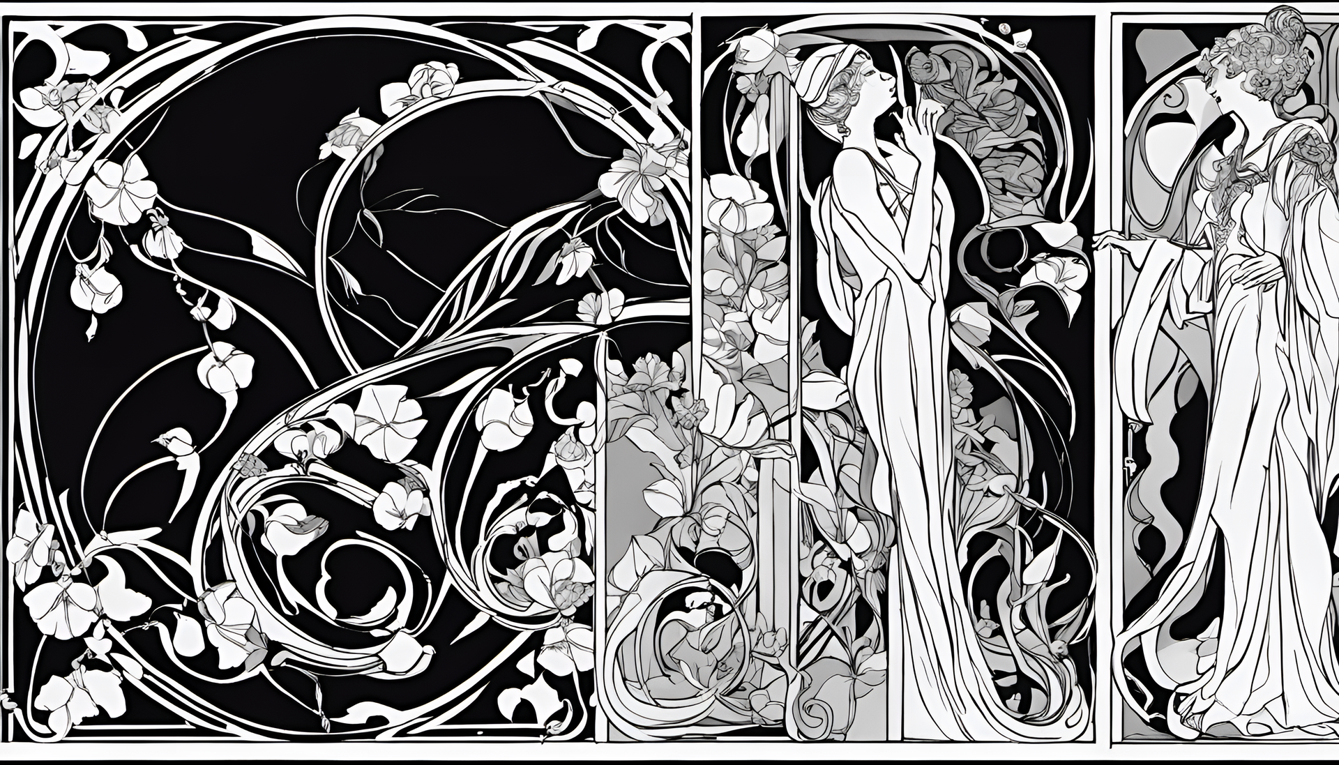 Art Nouveau design featuring elegant black and white elements.