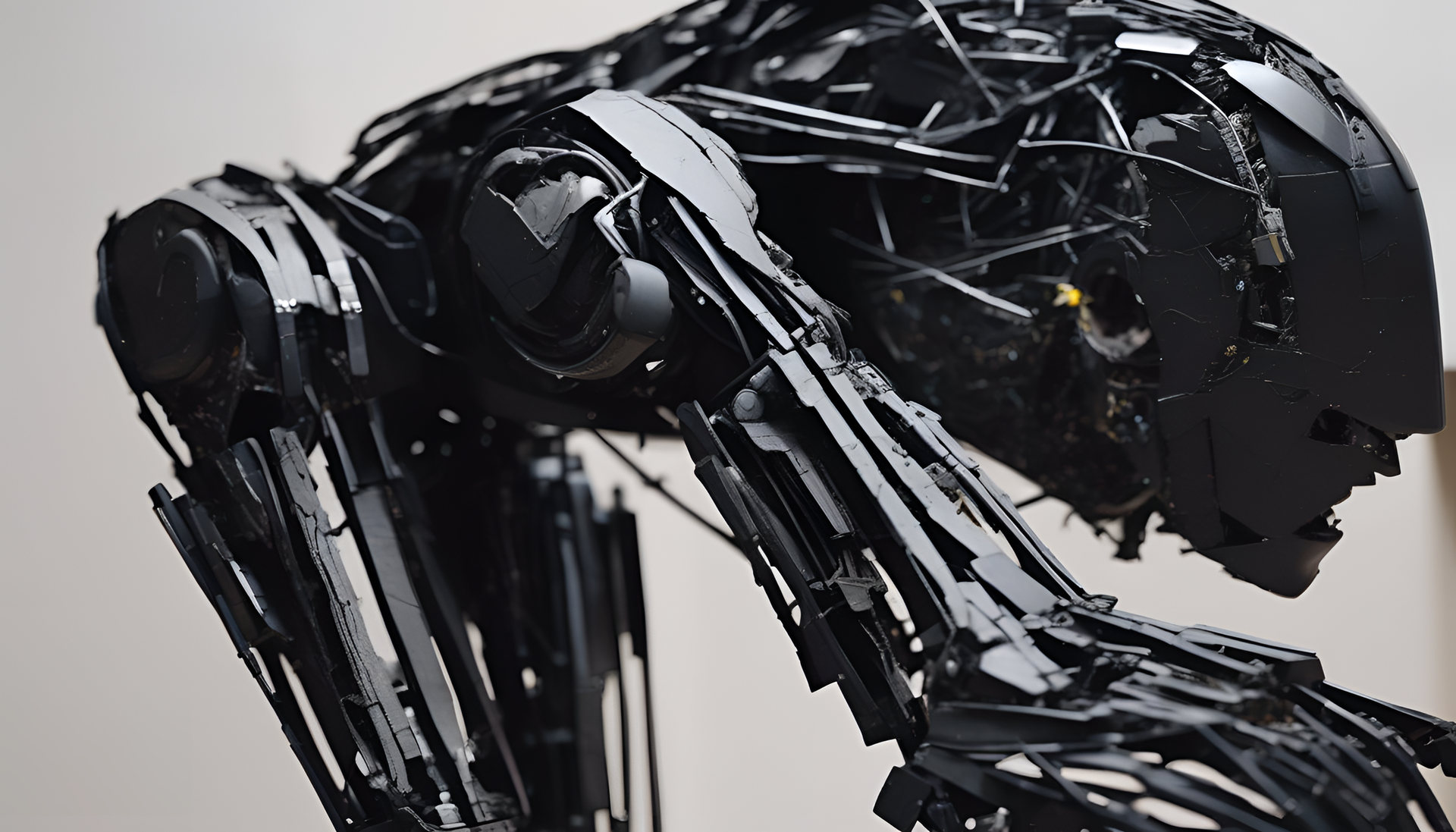 Abstract robotic sculpture with cracked, deconstructive elements in black.