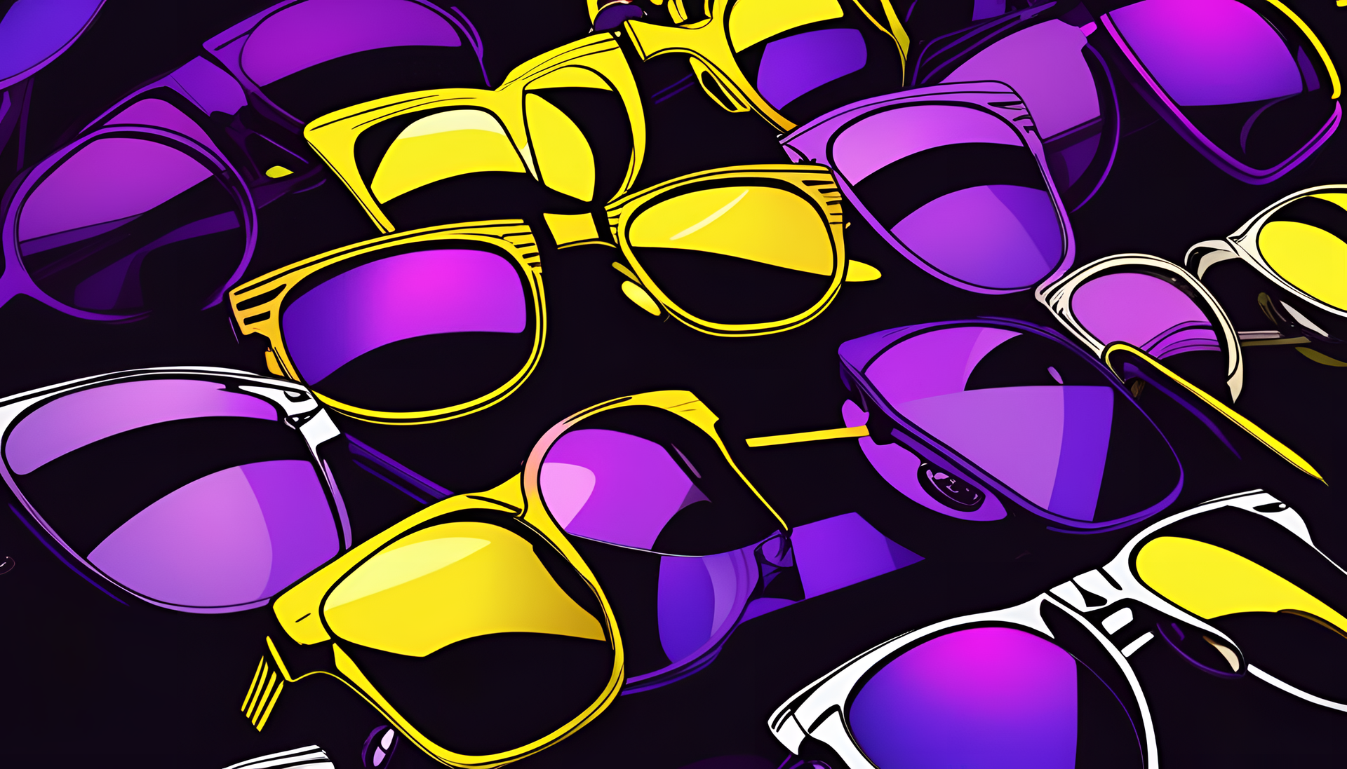 Vibrant sunglasses on a purple and yellow background