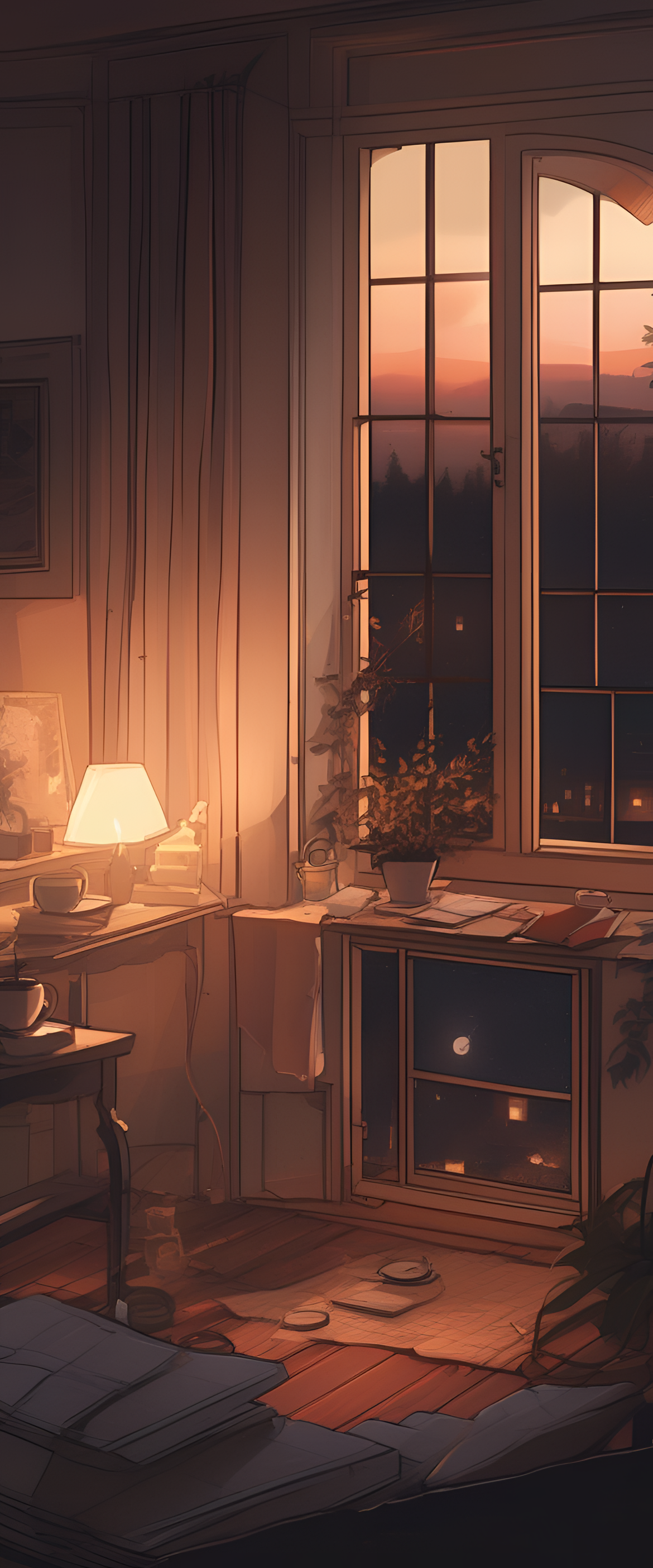 Cozy evening ambiance with a shattered screen motif.