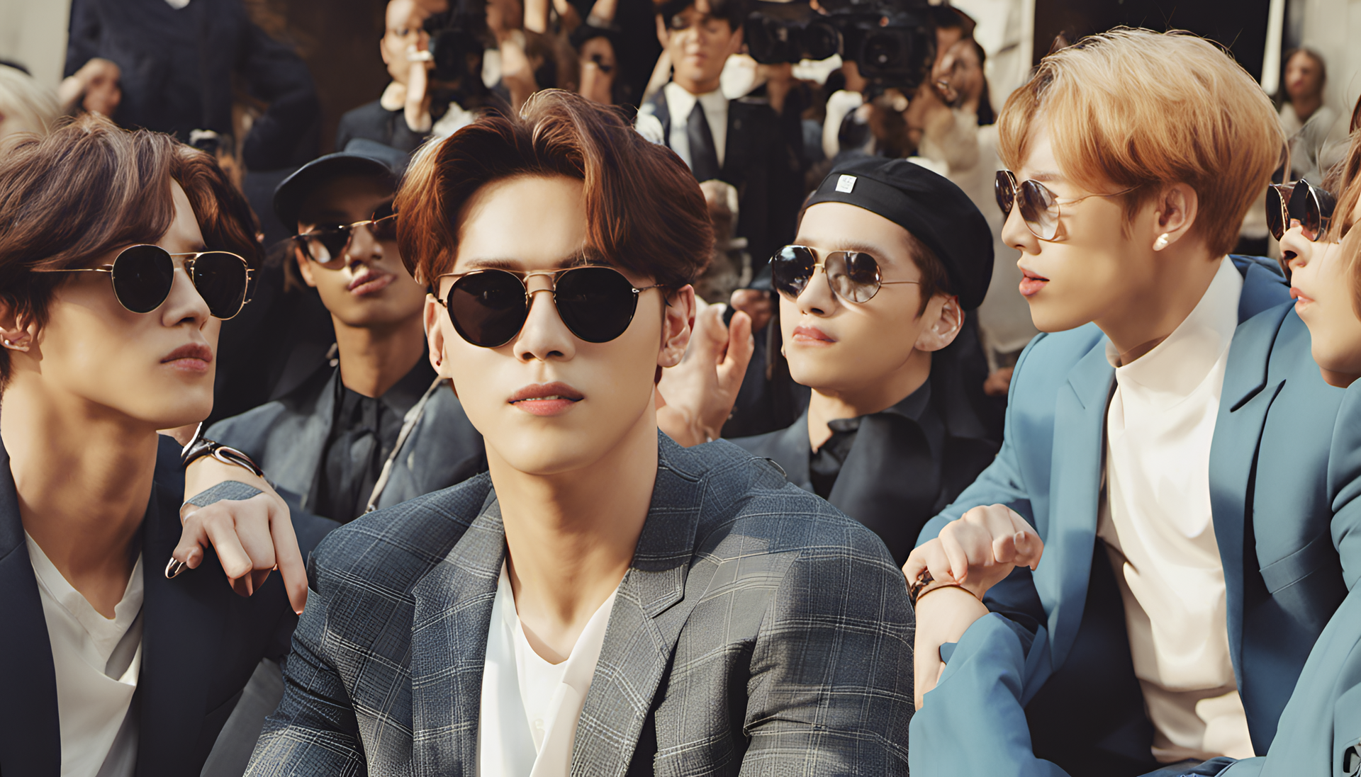 BTS members posing stylishly with sunglasses