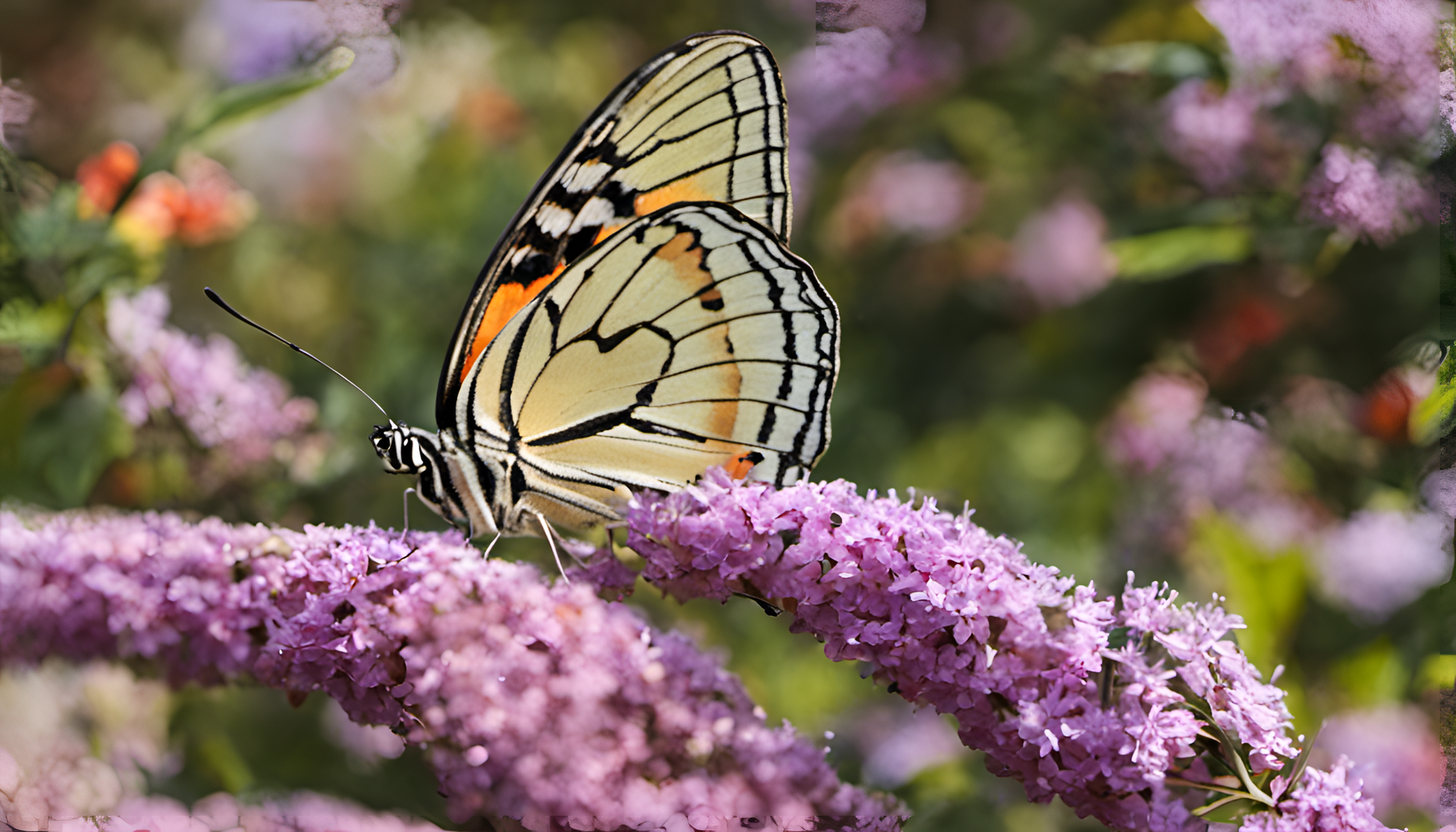 Colorful butterfly in a serene nature backdrop.