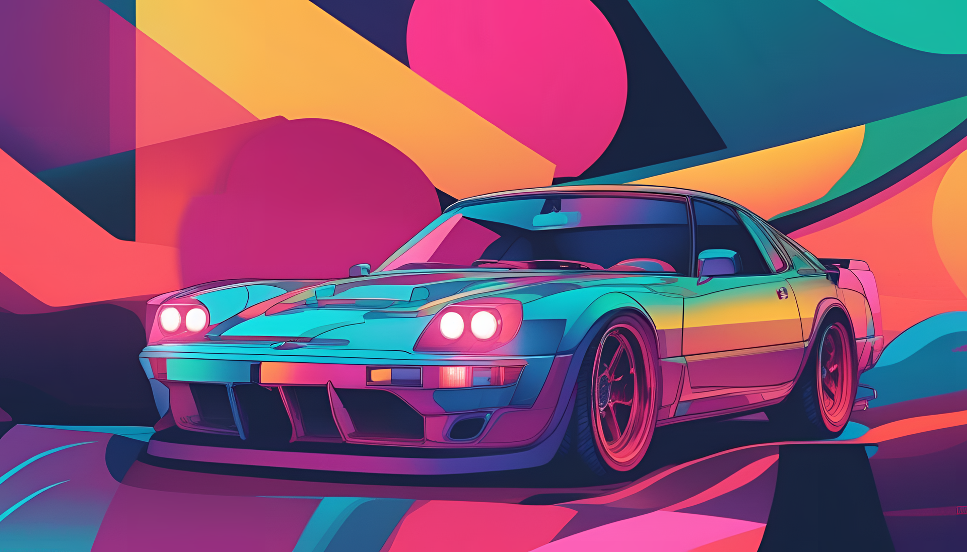 An artistic wallpaper featuring a sleek car in vibrant analogous colors.