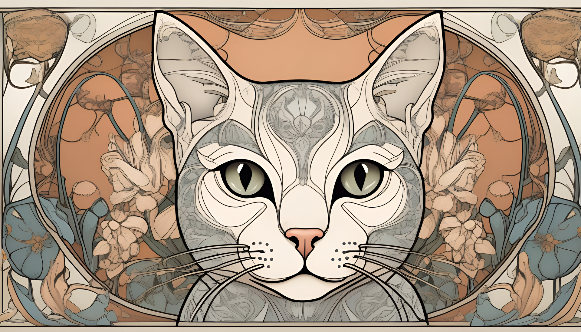 Art Nouveau styled green-eyed cartoon cat with intricate details.