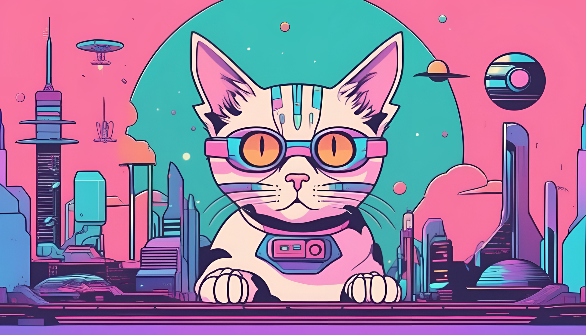 Colorful cartoon cat on pastel 80's sci-fi background