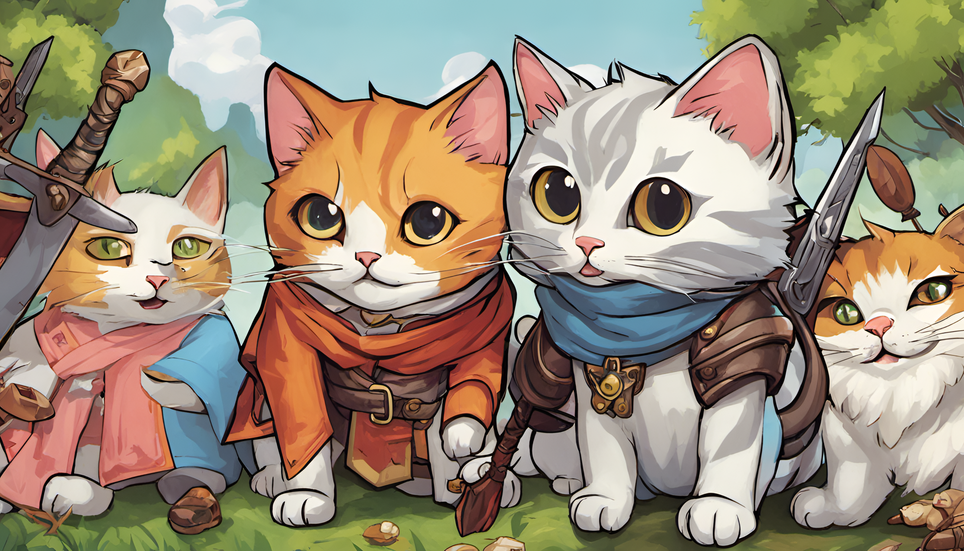 Colorful cat standing in a fantasy world, ready for a RPG adventure.