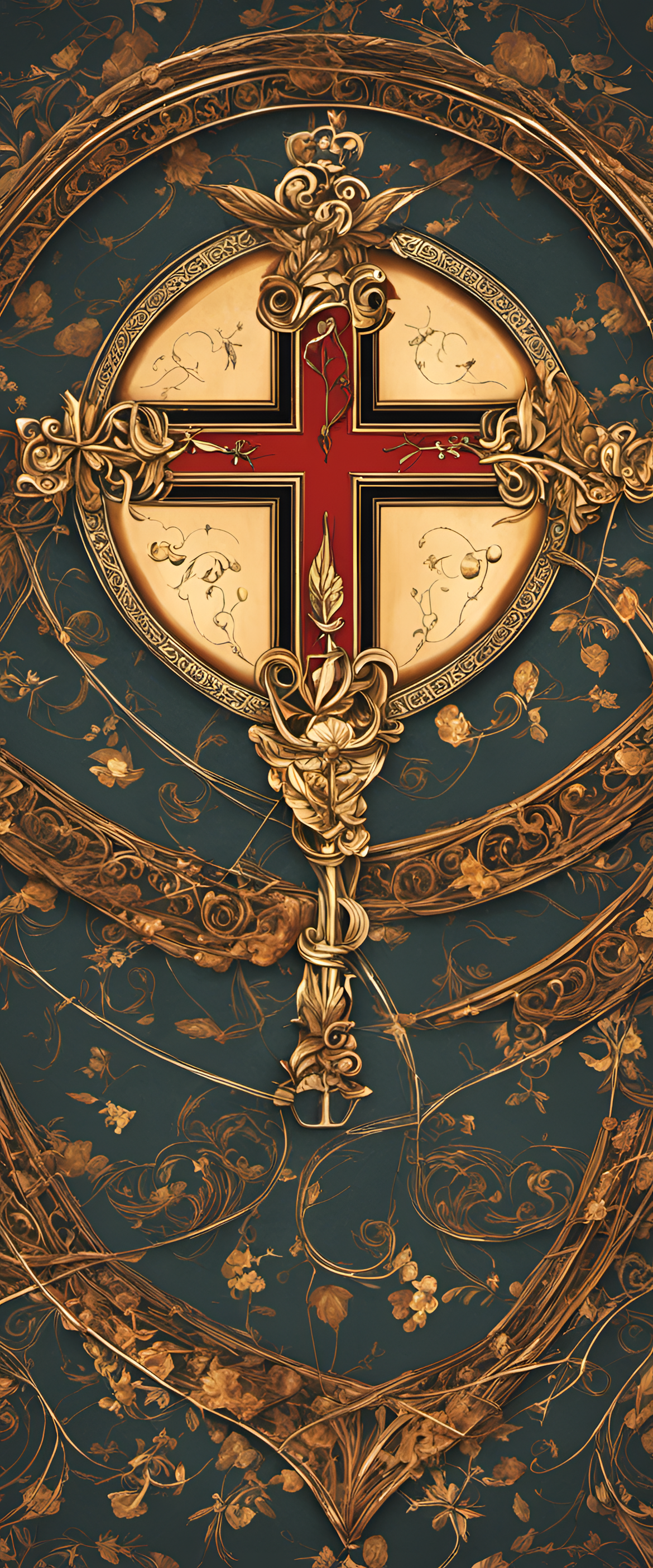 Colorful Christian motif with symbolic elements representing faith, featuring cross, doves, and radiant light.