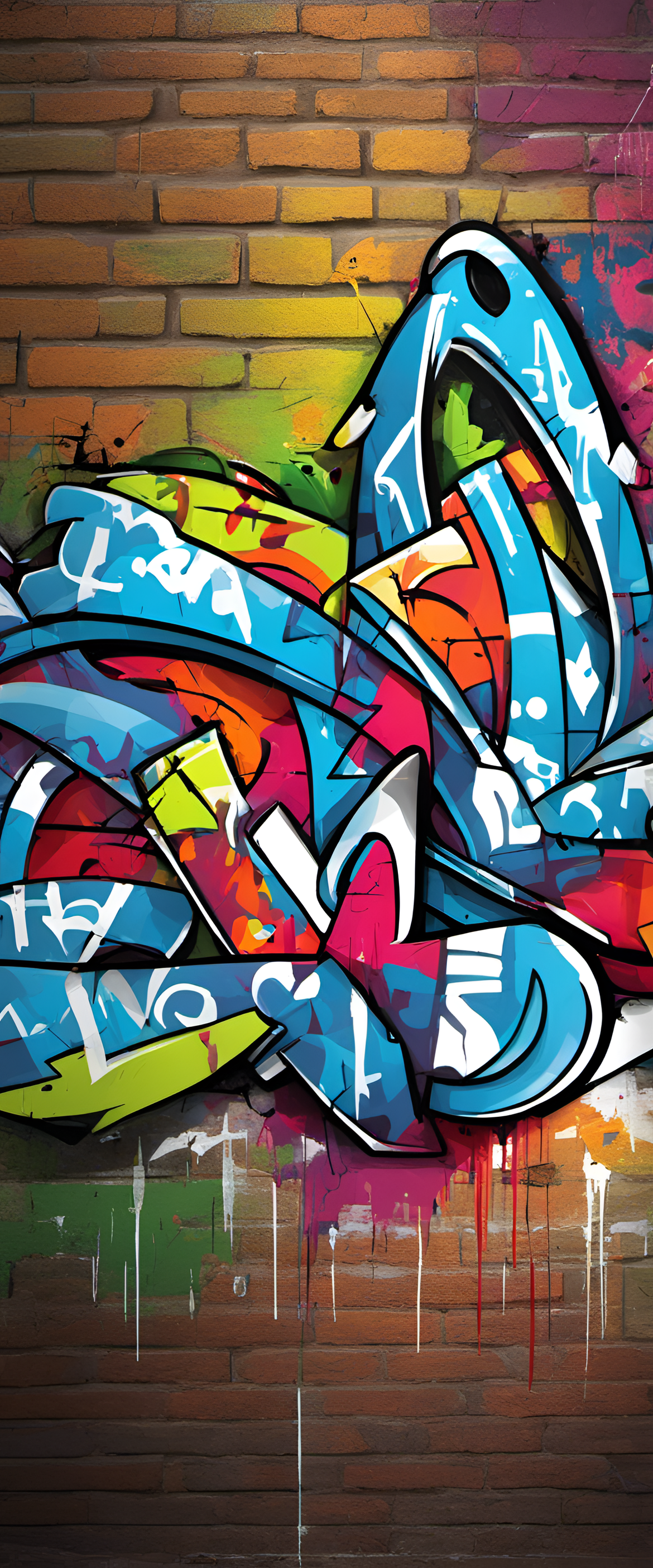 Colorful graffiti art depicting Christian symbols and motifs on a phone wallpaper.