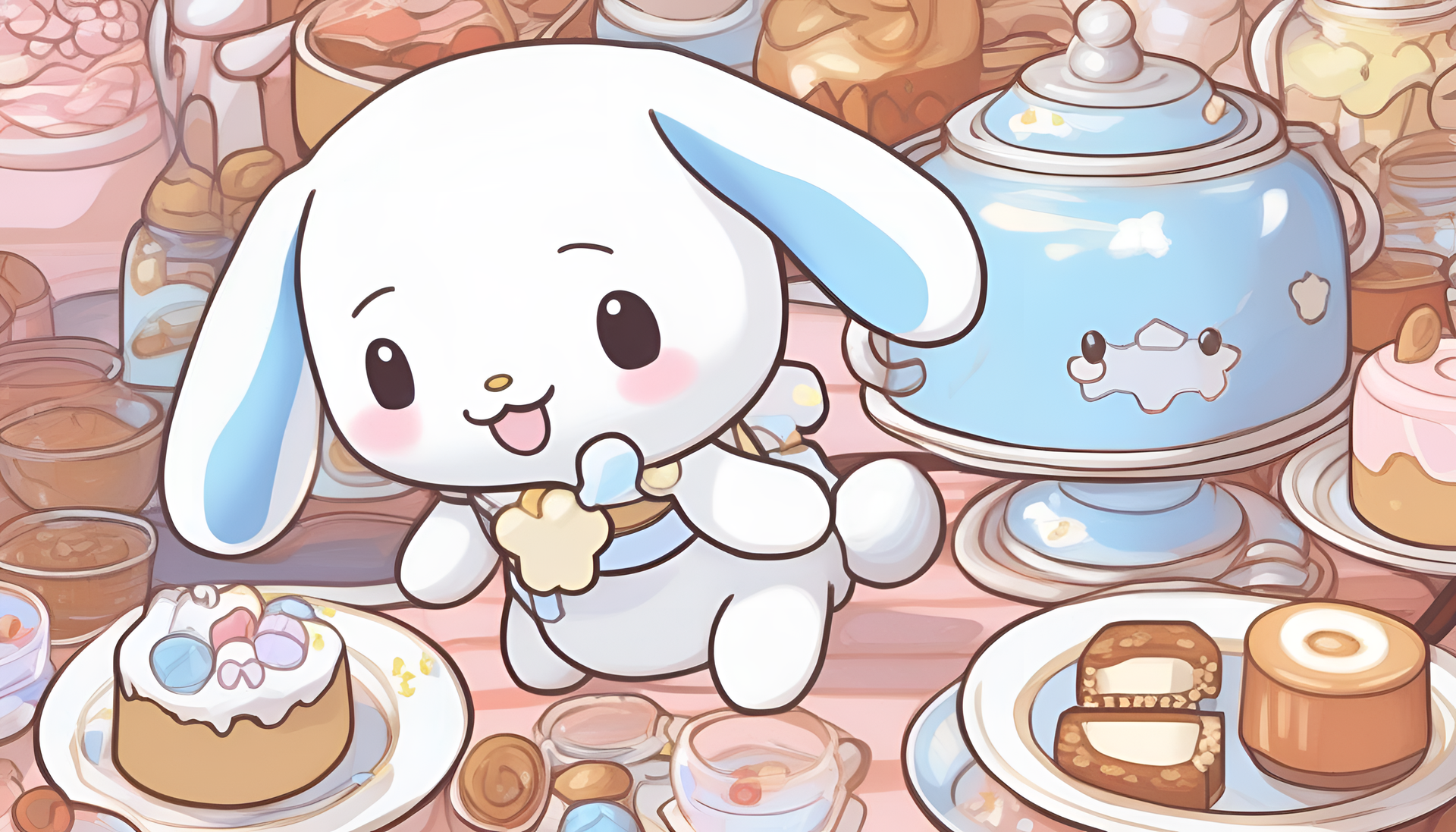 Cinnamoroll sitting on a cloud with a cheerful smile.