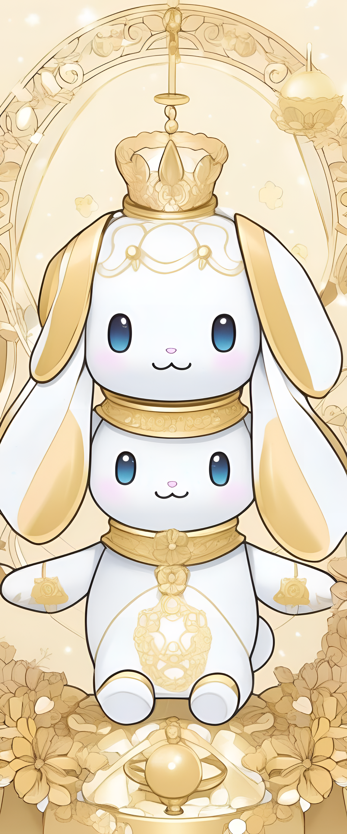 Cinnamoroll in golden hues on a phone wallpaper.