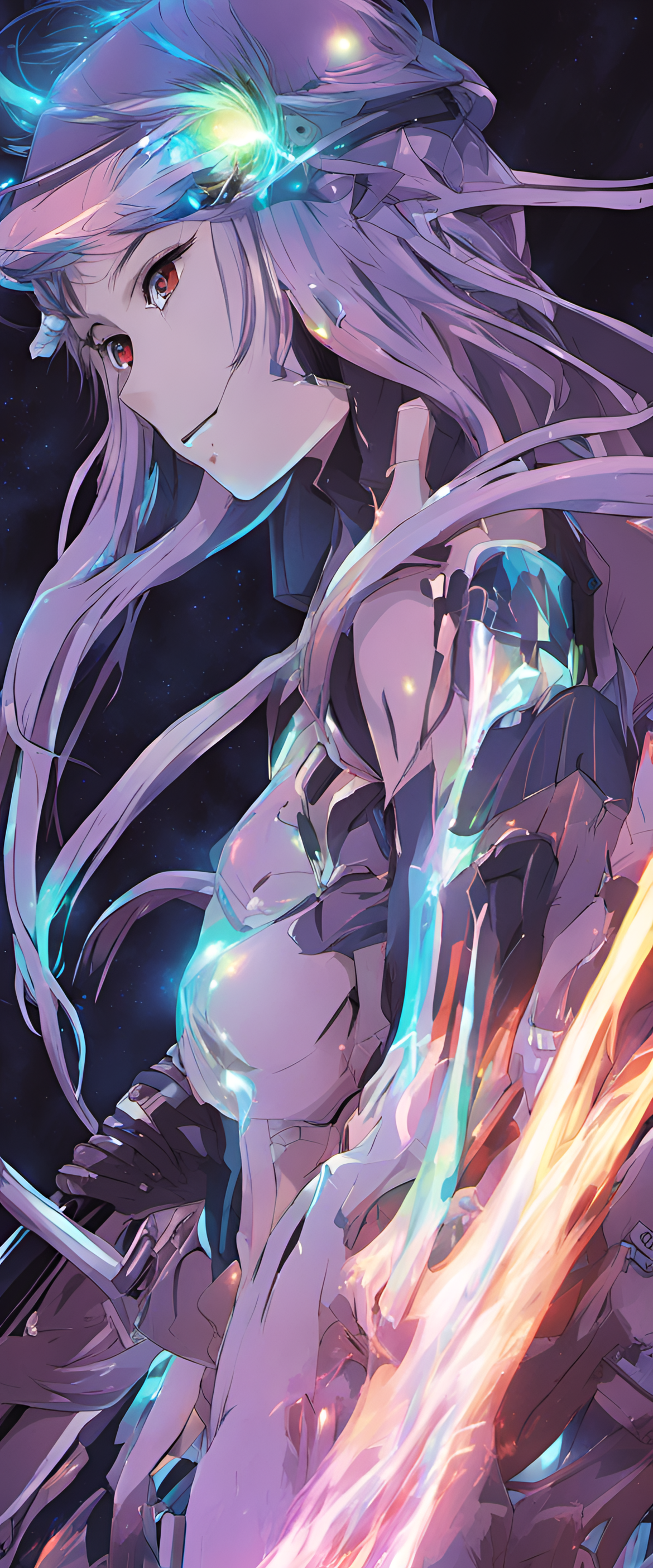 Vibrant anime artwork with captivating iridescent colors, showcasing a phantasmal world.