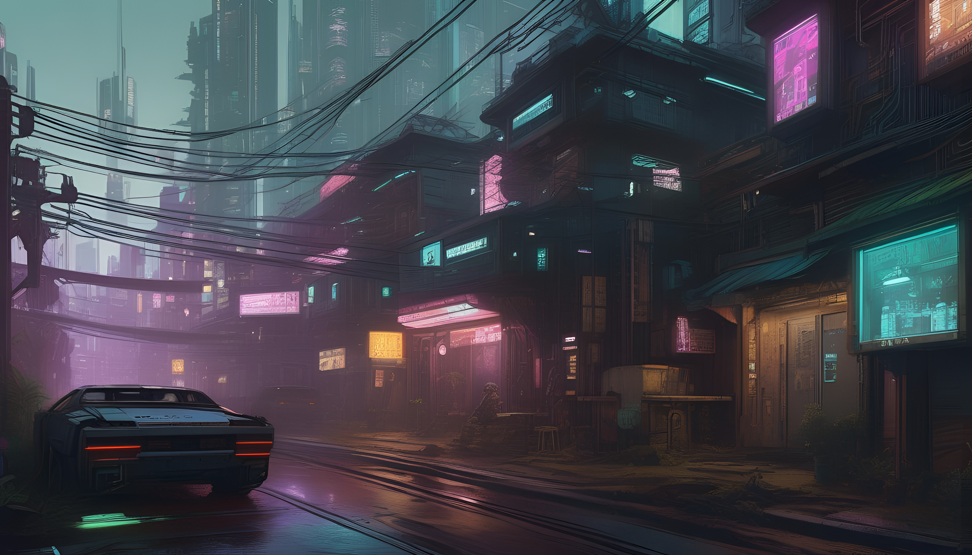 Futuristic cyberpunk landscape with intricate details.