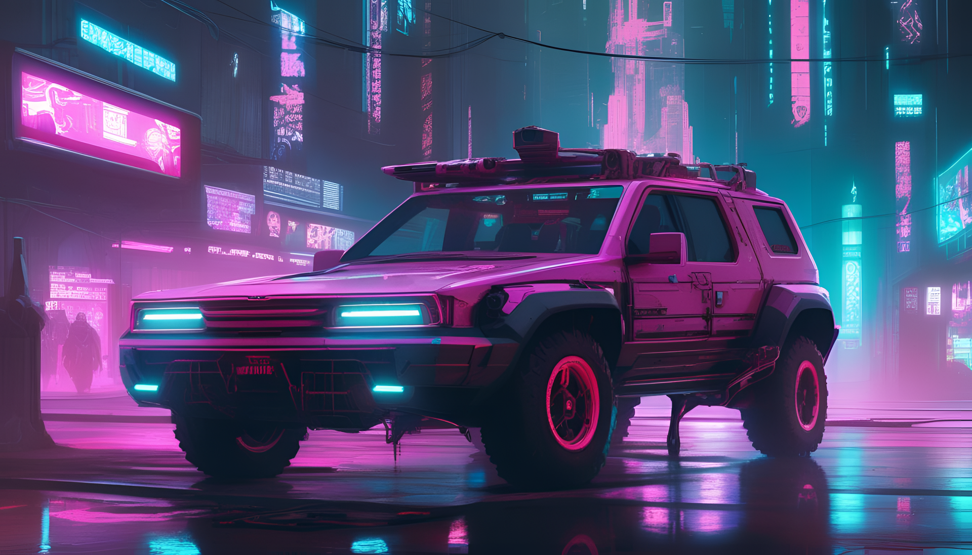 Glistening neon cross in a cyberpunk city.