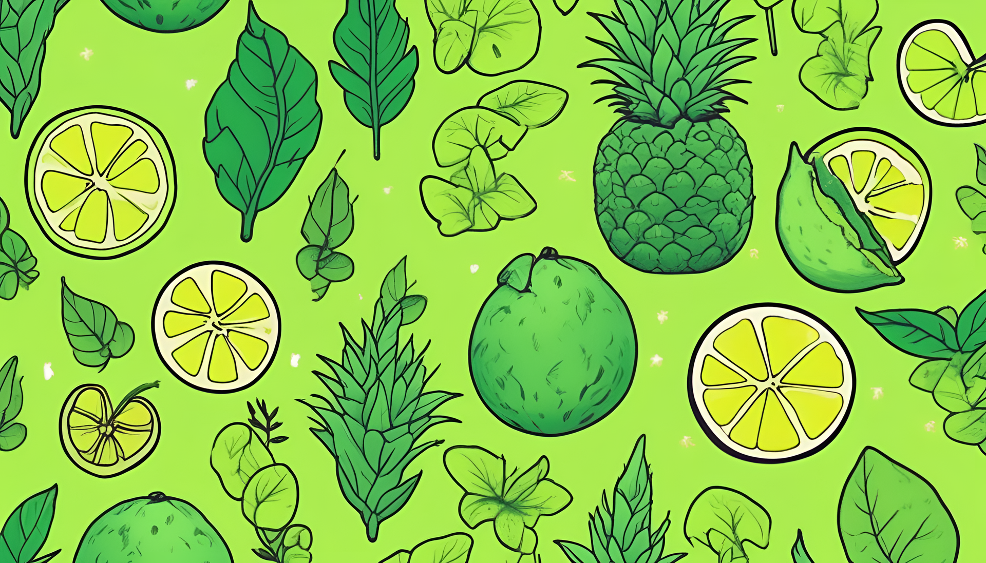 Vibrant acid green wallpaper with cute aesthetic elements.