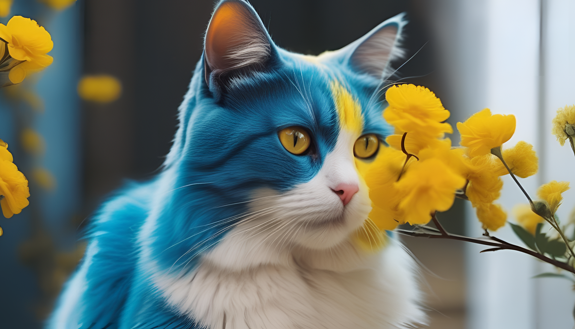 Cute blue and yellow cat on a desktop wallpaper.