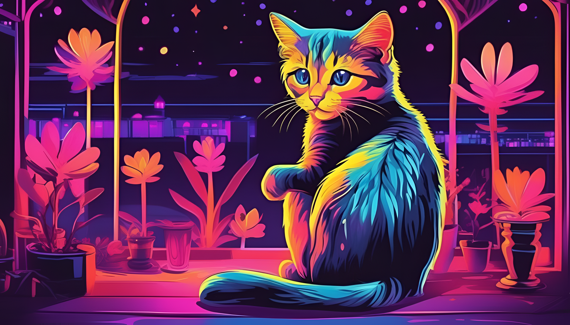 Adorable black cat illuminated by a vibrant blacklight