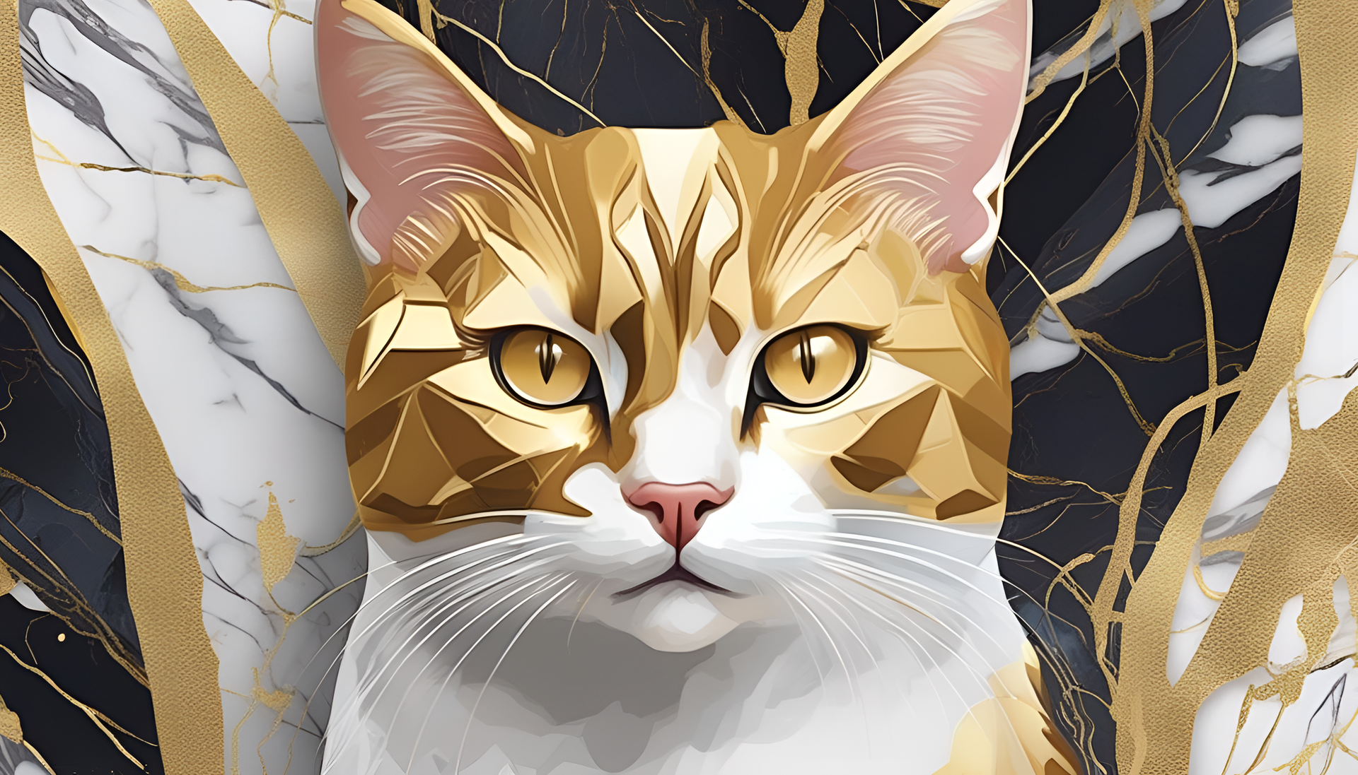 Stylized cute cat with marble and gold colors as a desktop wallpaper.