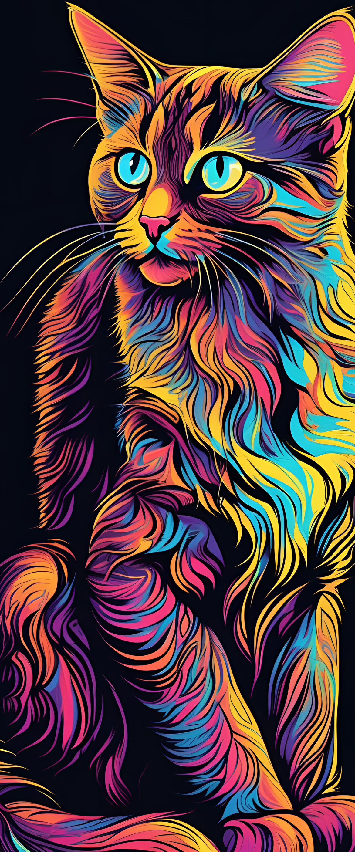 Highly detailed wallpaper of a cute cat glowing under blacklight.