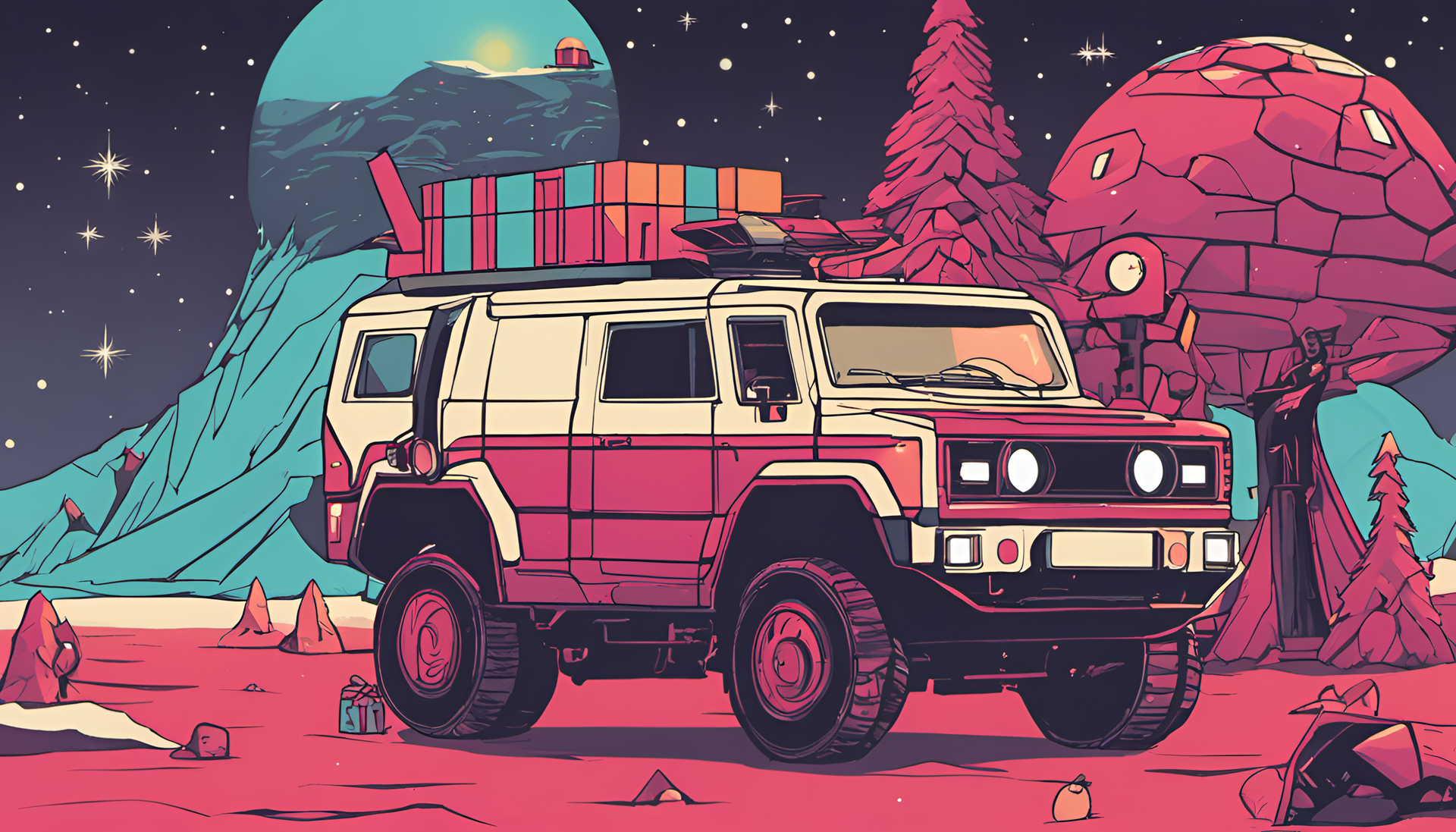 Festive retro sci-fi artwork with adorable Christmas theme.