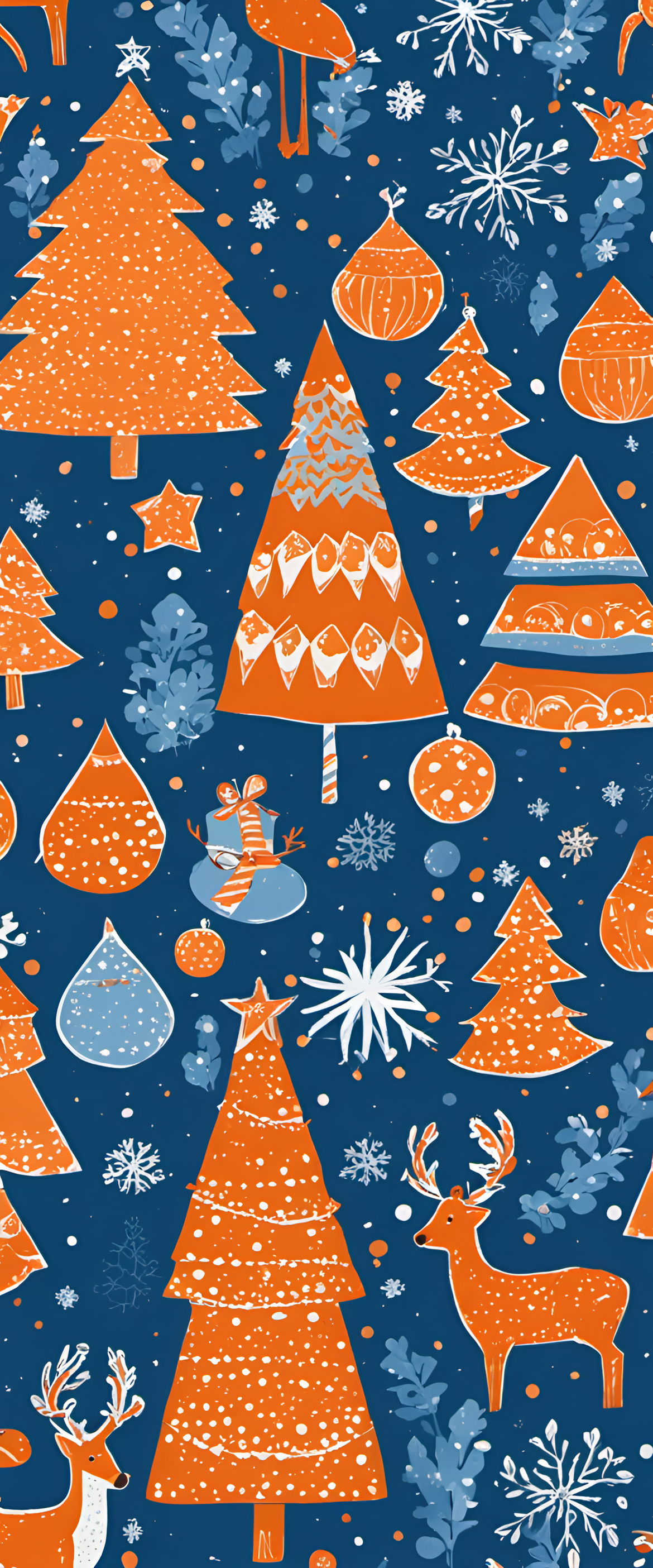 Festive blue and orange wallpaper with cute Christmas elements in naive art style.