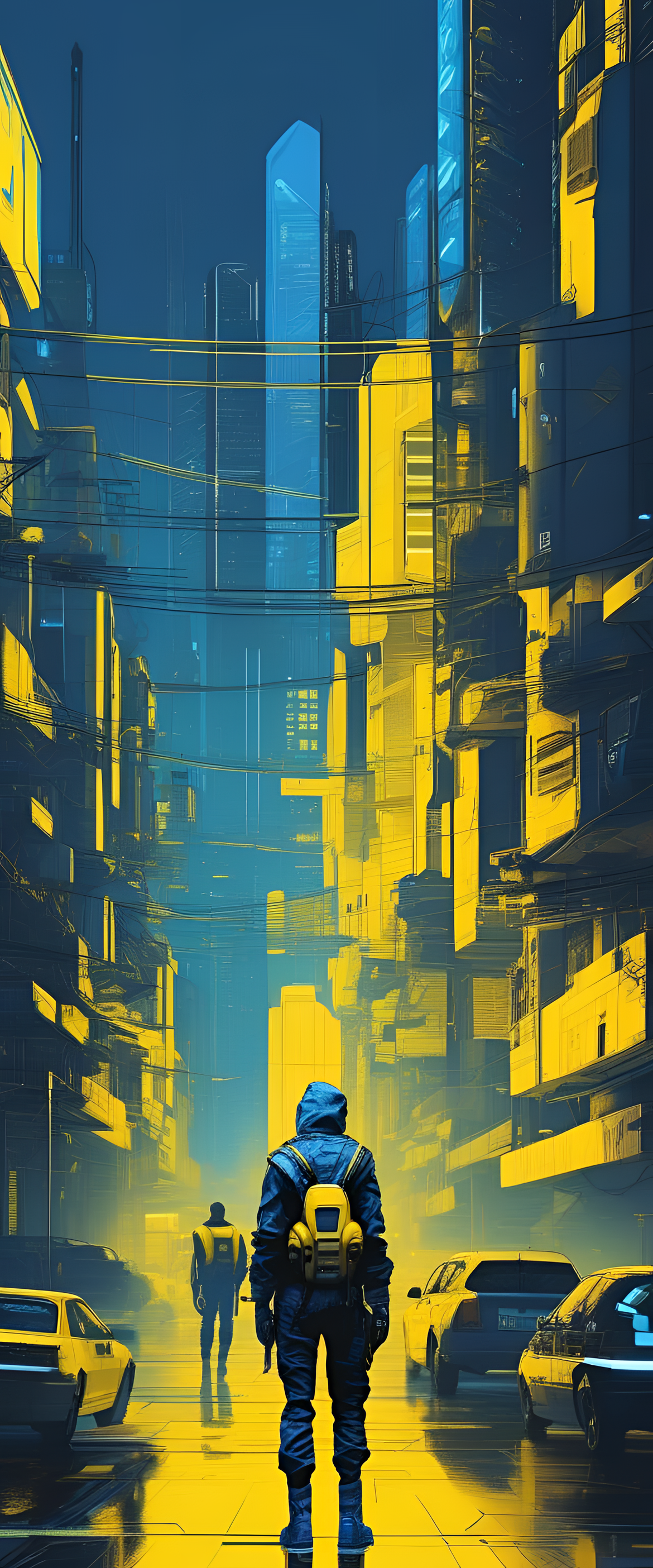 Vibrant cyberpunk wallpaper in blue and yellow color scheme.