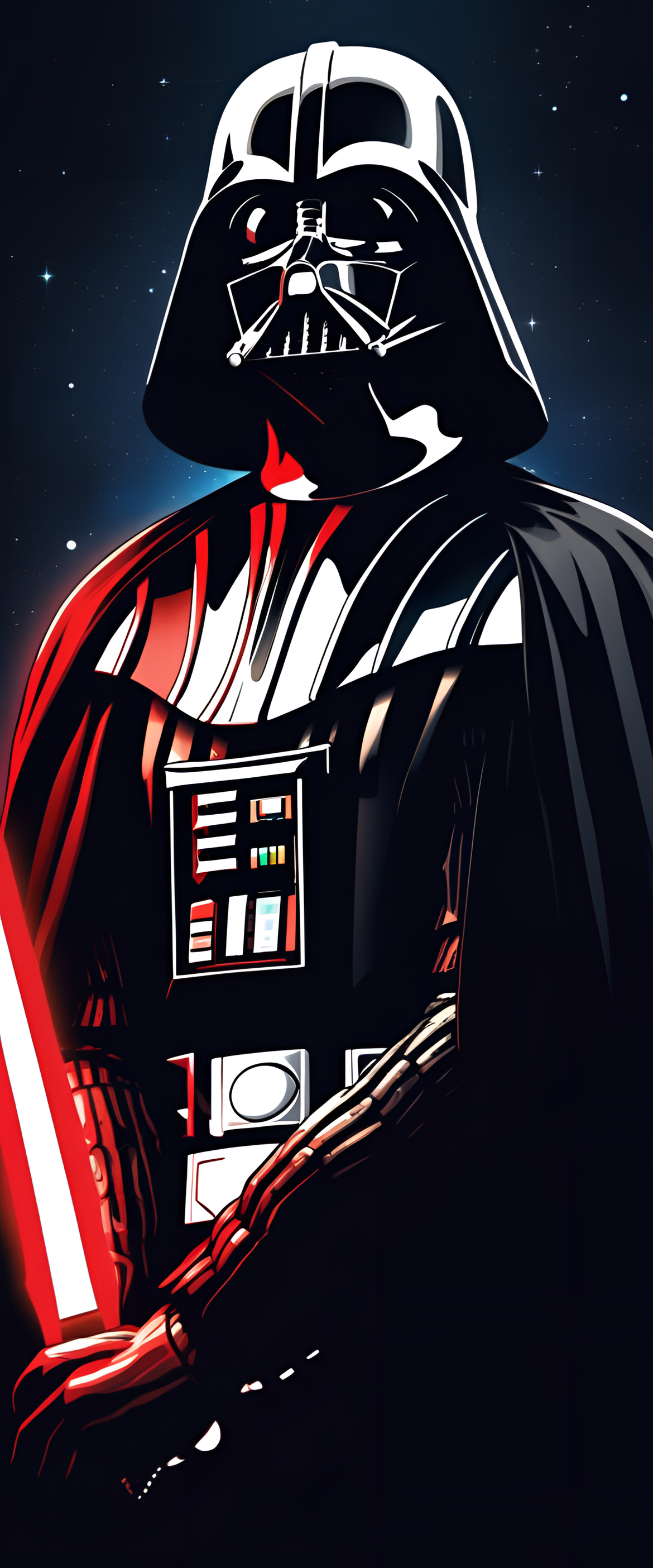 Dark silhouette of iconic Sith Lord Darth Vader against a galactic background