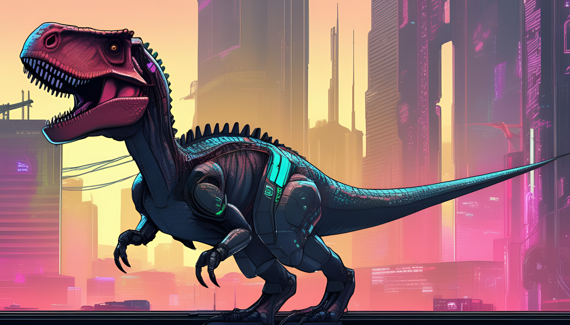 Cyberpunk dinosaur in futuristic cityscape.