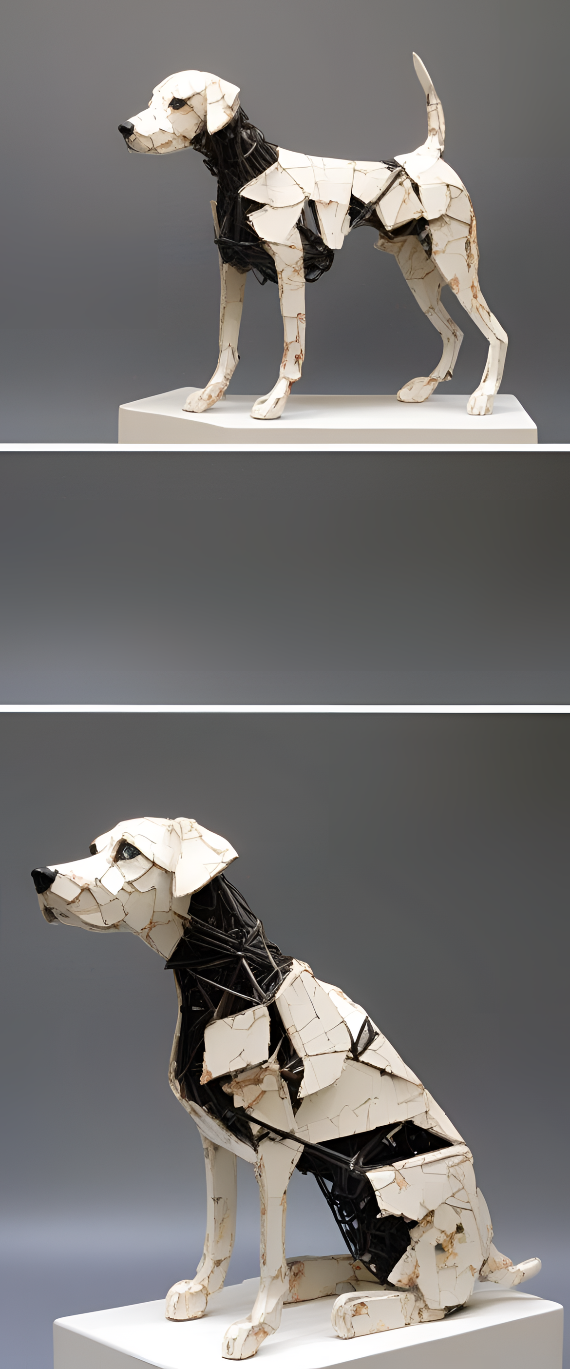 Robotic impressionist dog sculpture with cracked surface.