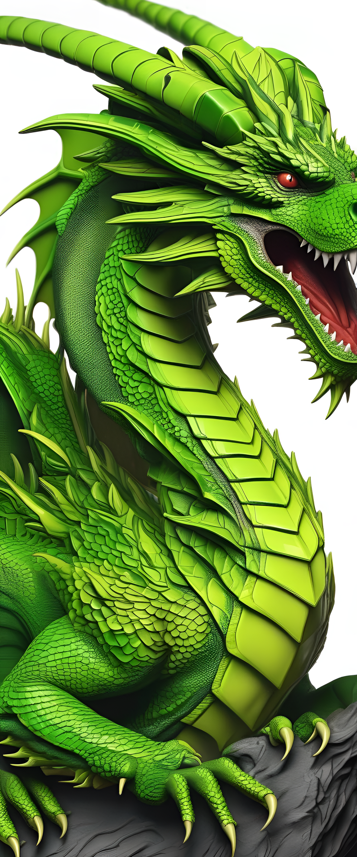 Vibrant acid green dragon with intricate details.