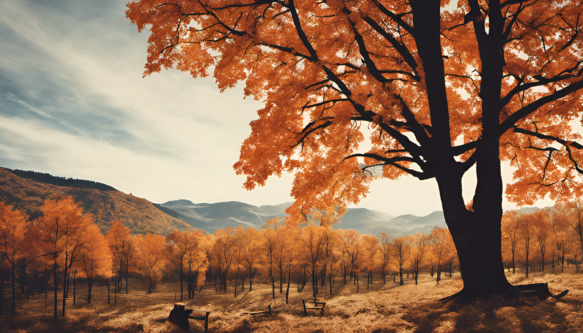 Autumn leaves in vibrant colors against a blue sky background.