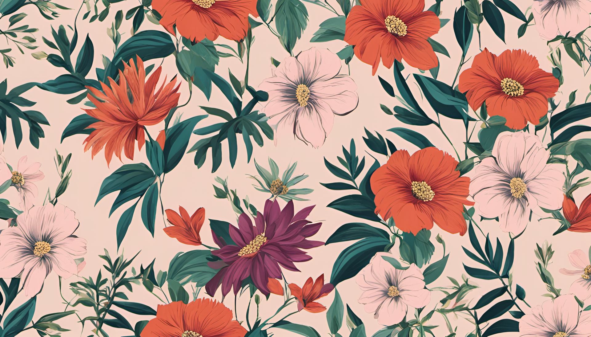 Colorful floral pattern wallpaper with vibrant flowers in full bloom.