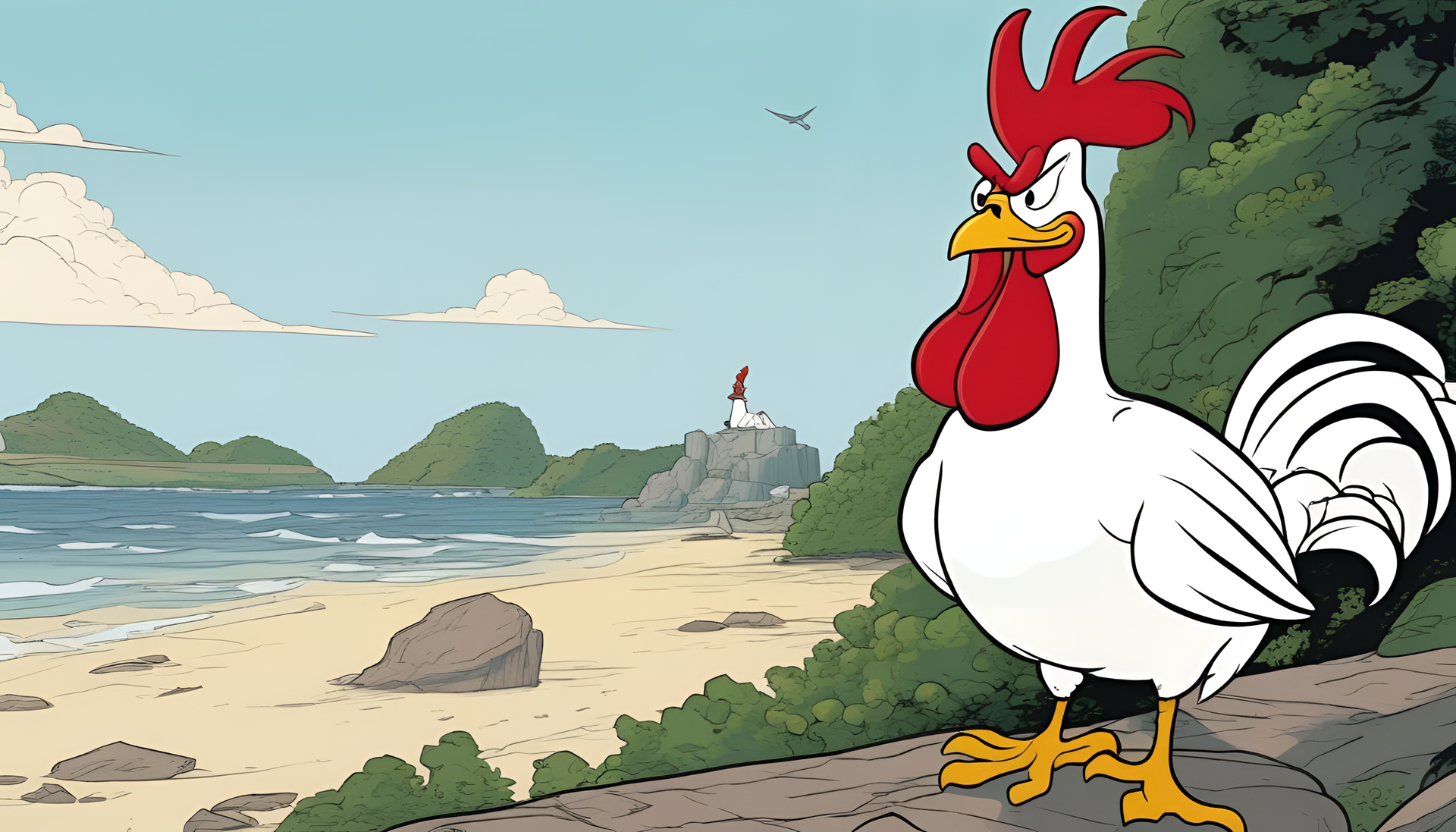 Foghorn Leghorn standing confidently on a blue background.