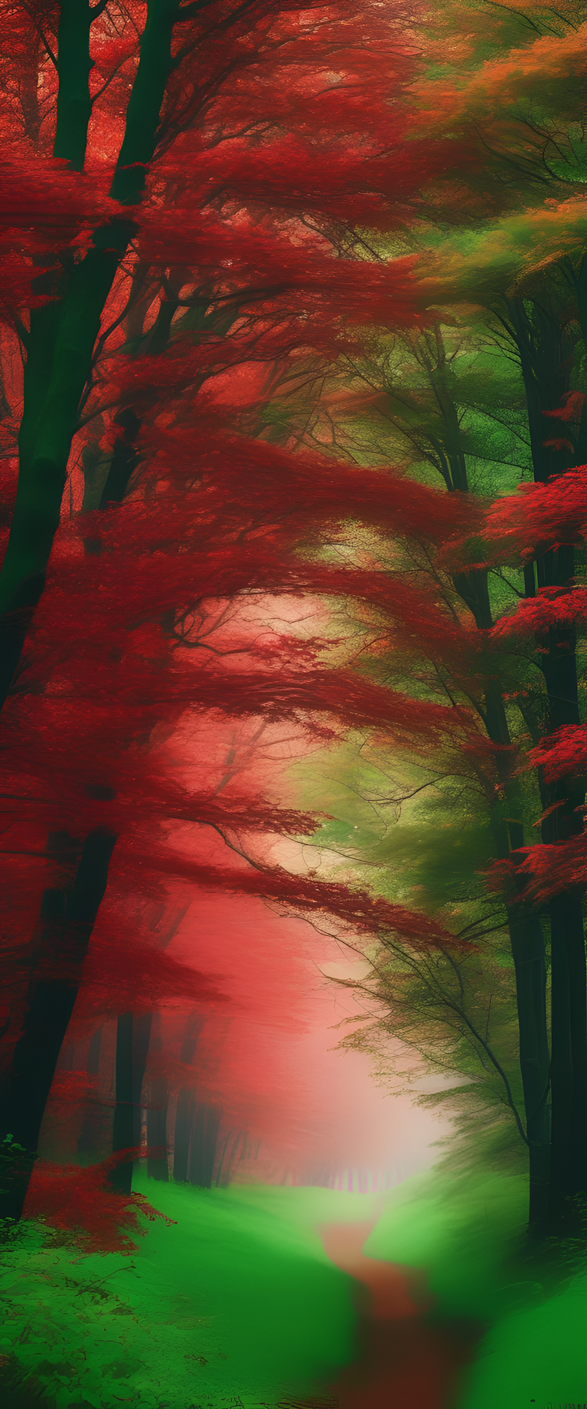 Lush forest with vibrant red and green colors.