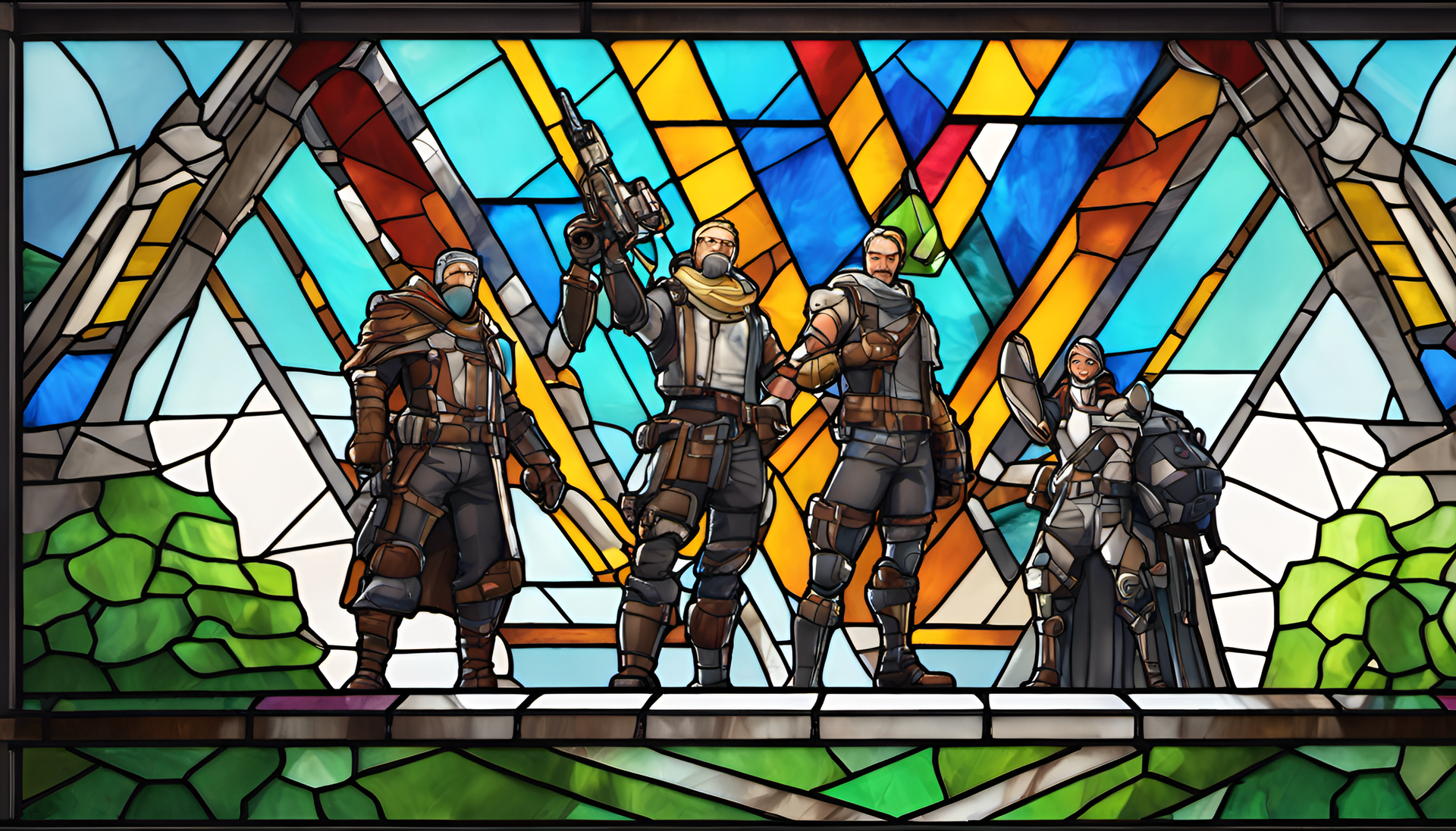 Colorful stained glass artwork inspired by Fortnite.