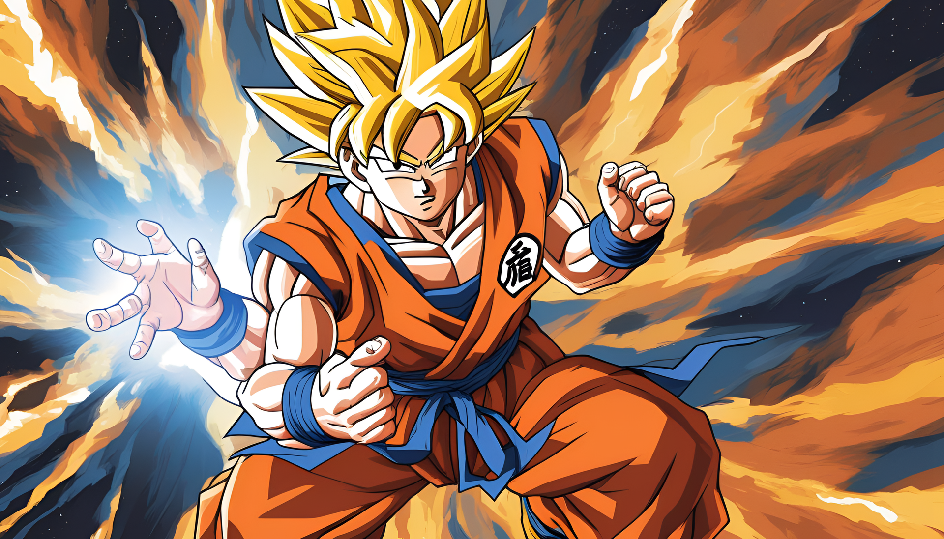 Powerful Goku charging up with fiery energy.