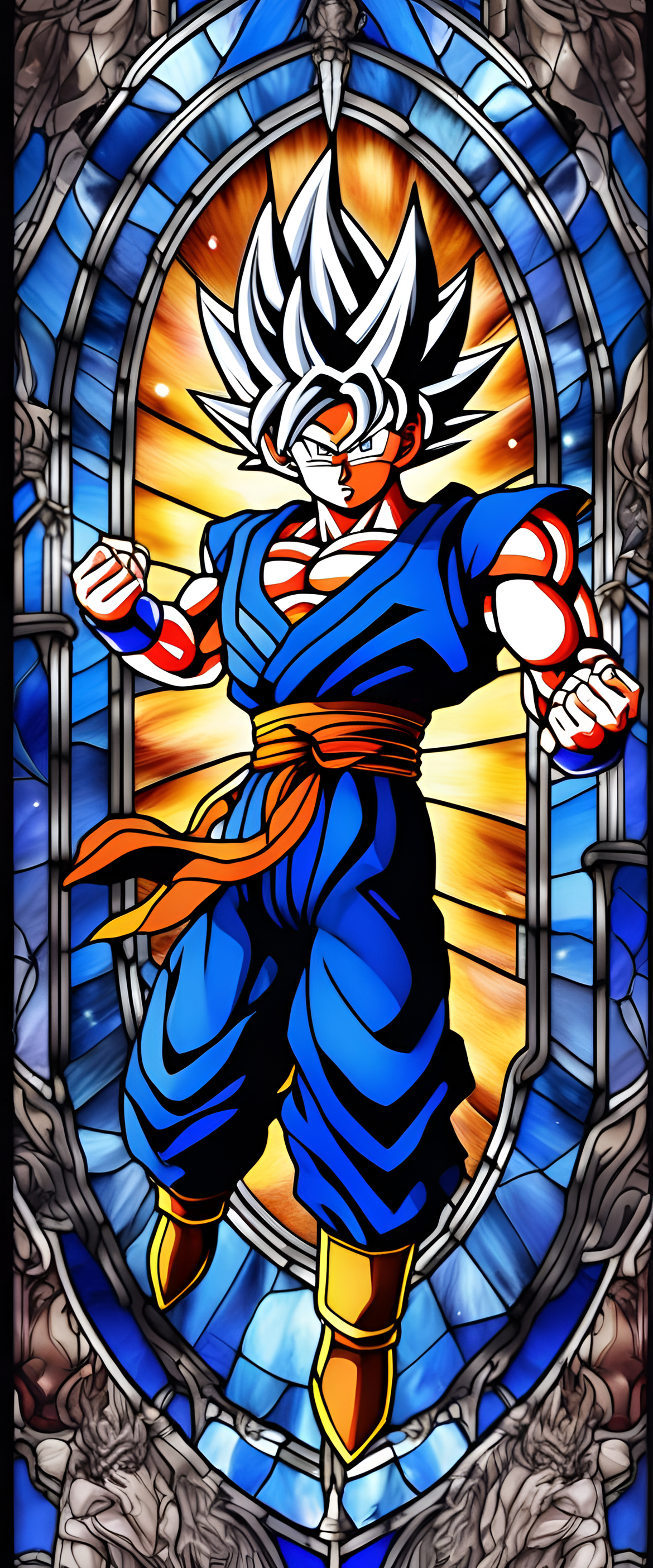 Glowing Goku in stained glass pattern.