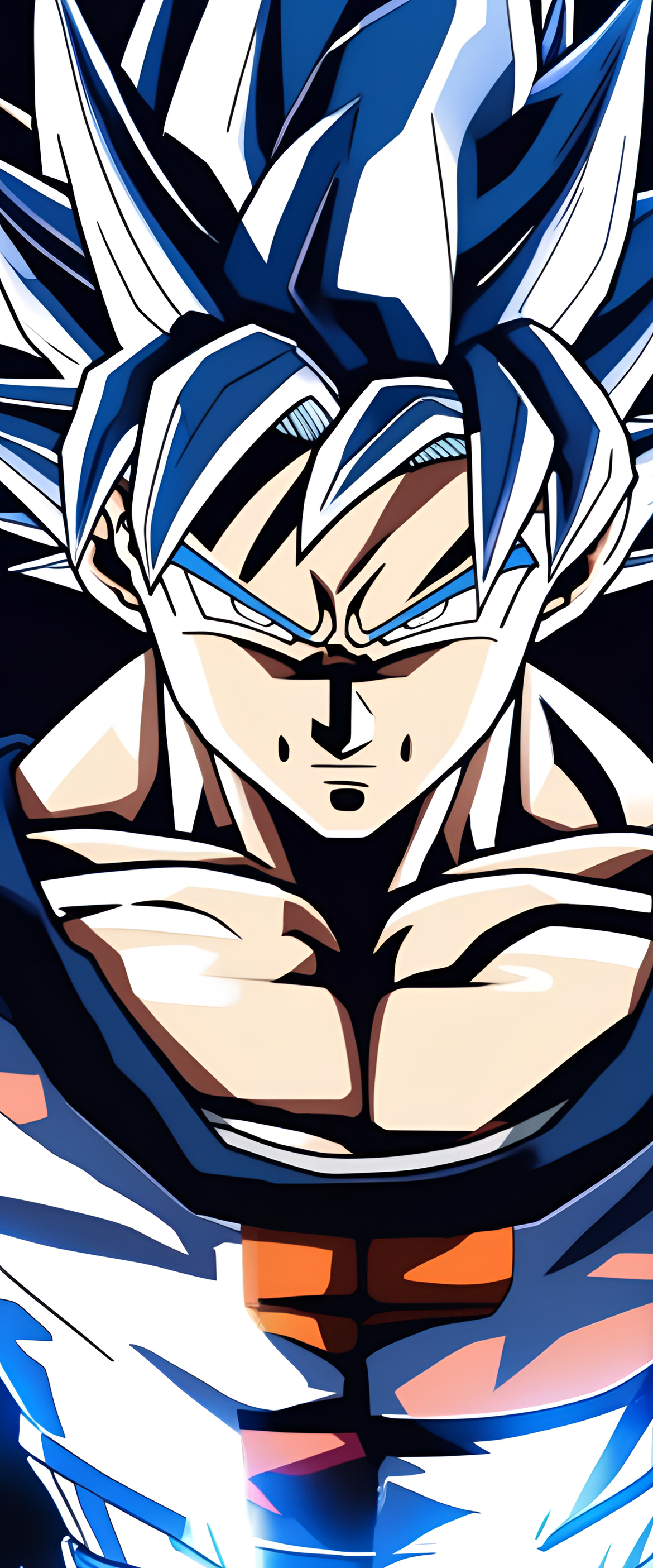 Goku in vibrant silhouette with radiant blue aura showcasing his powerful Ultra Instinct transformation.