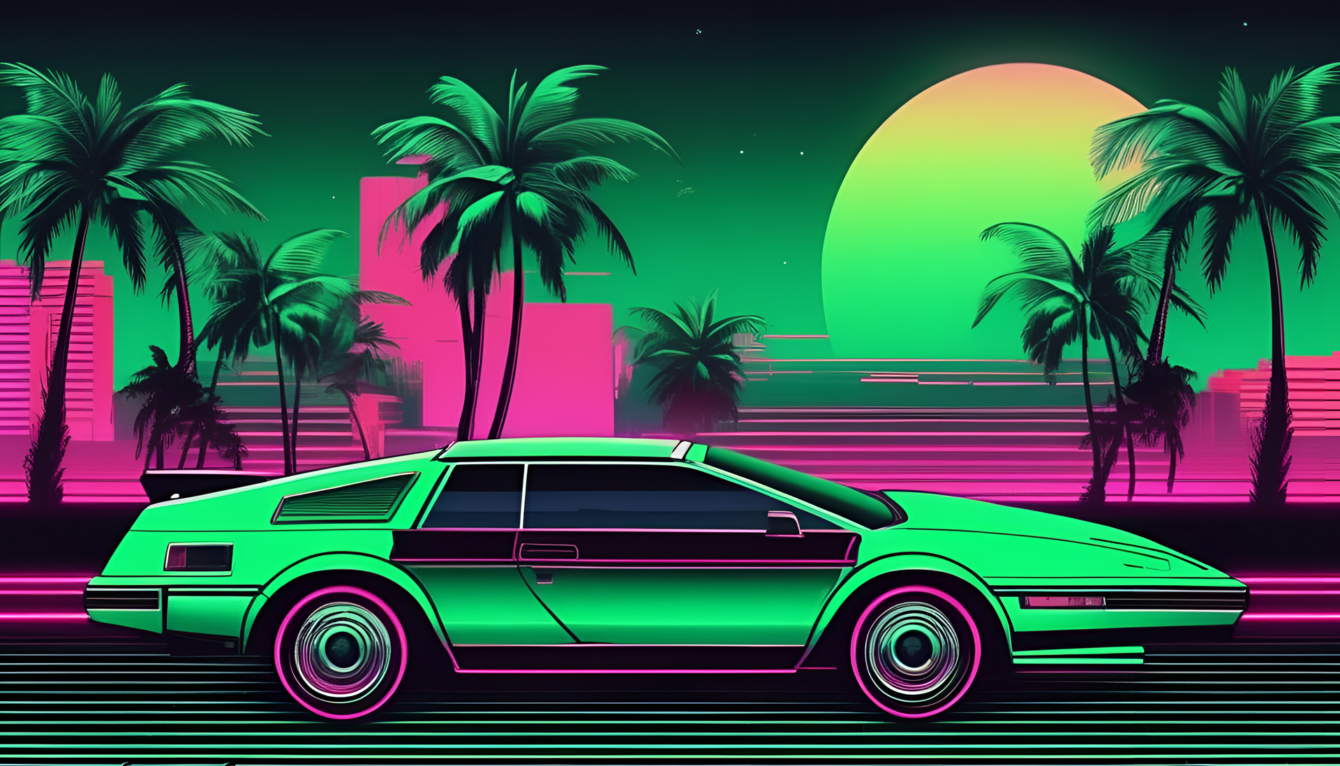 Glamorous 80s Miami green background for HD desktop wallpaper.