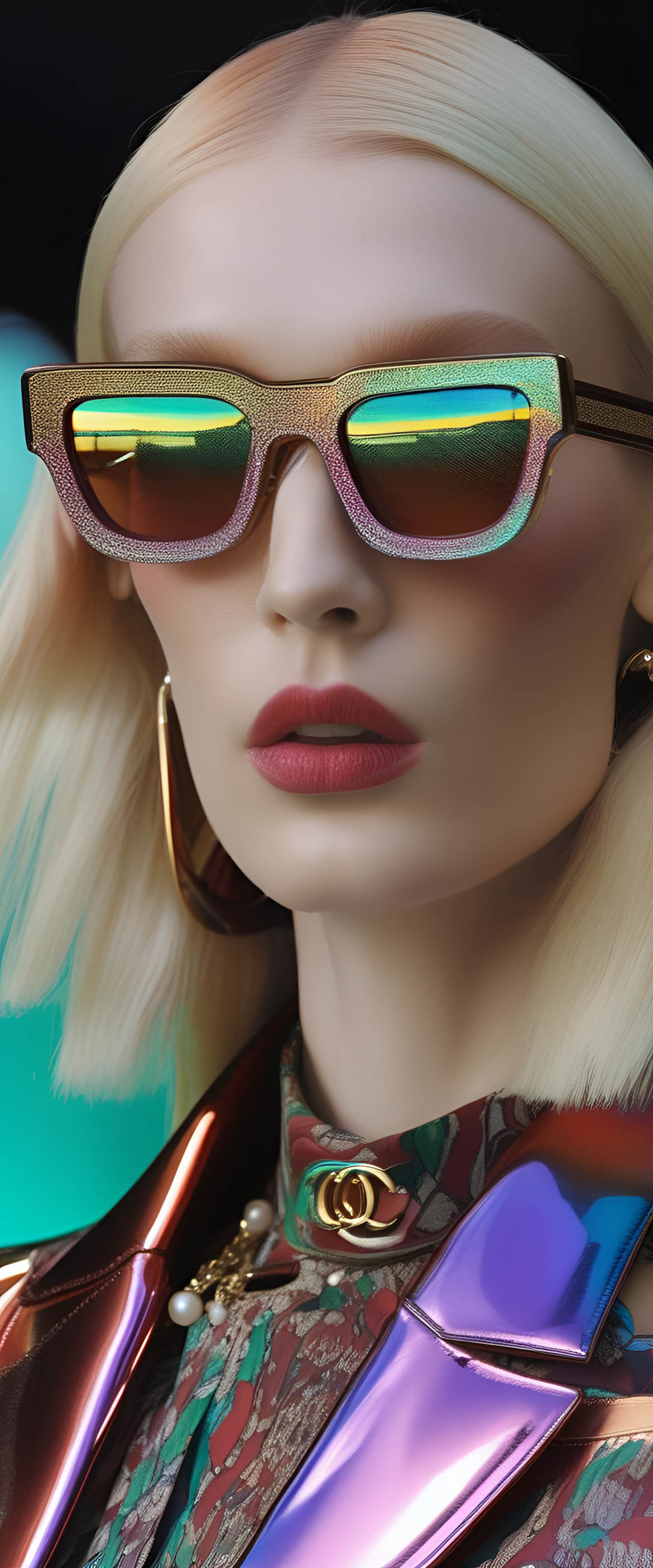 Gucci logo with iridescent sunglasses.